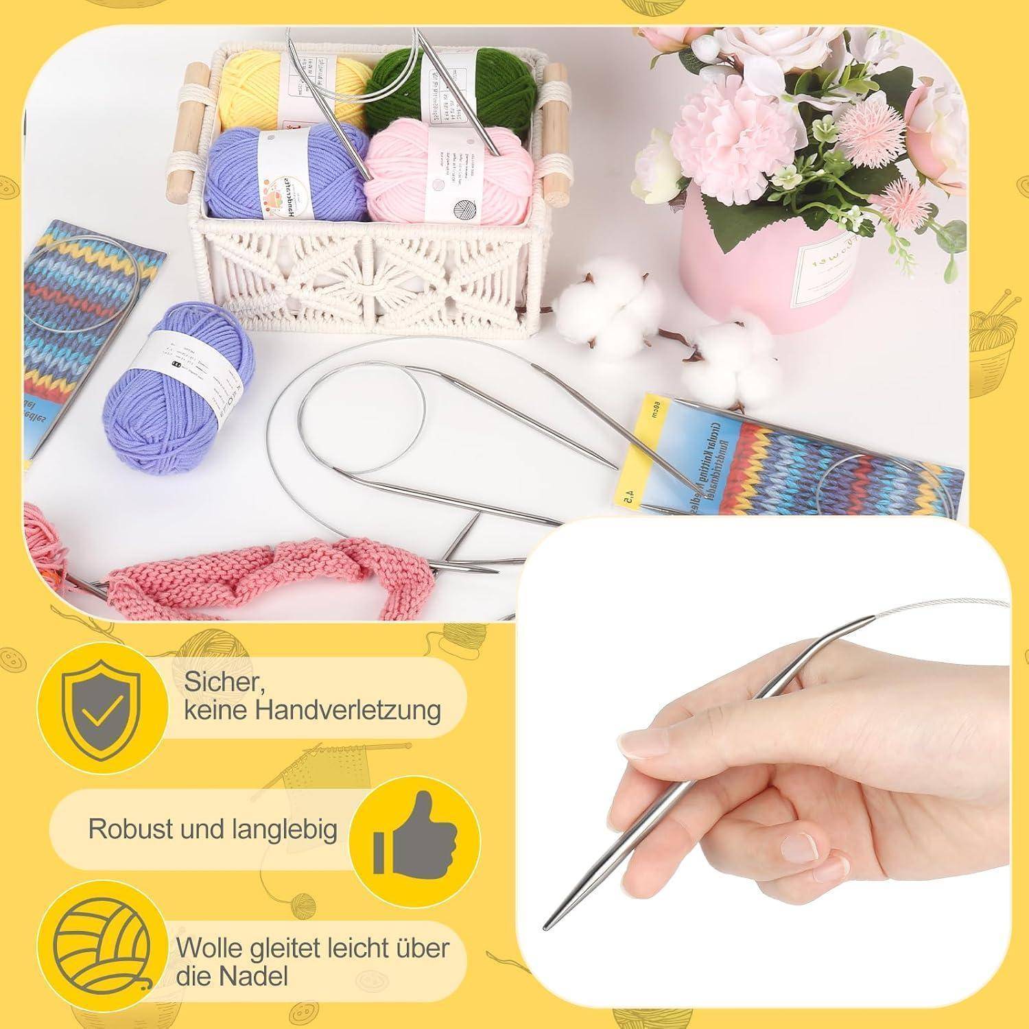 Stricknadeln mit Garn und eine Hand, die eine Nadel hält, zeigt Sicherheit und Benutzerfreundlichkeit; deutsche Beschriftungen sagen „keine Handverletzung", „langlebig"" und „Wolle gleitet leicht"".