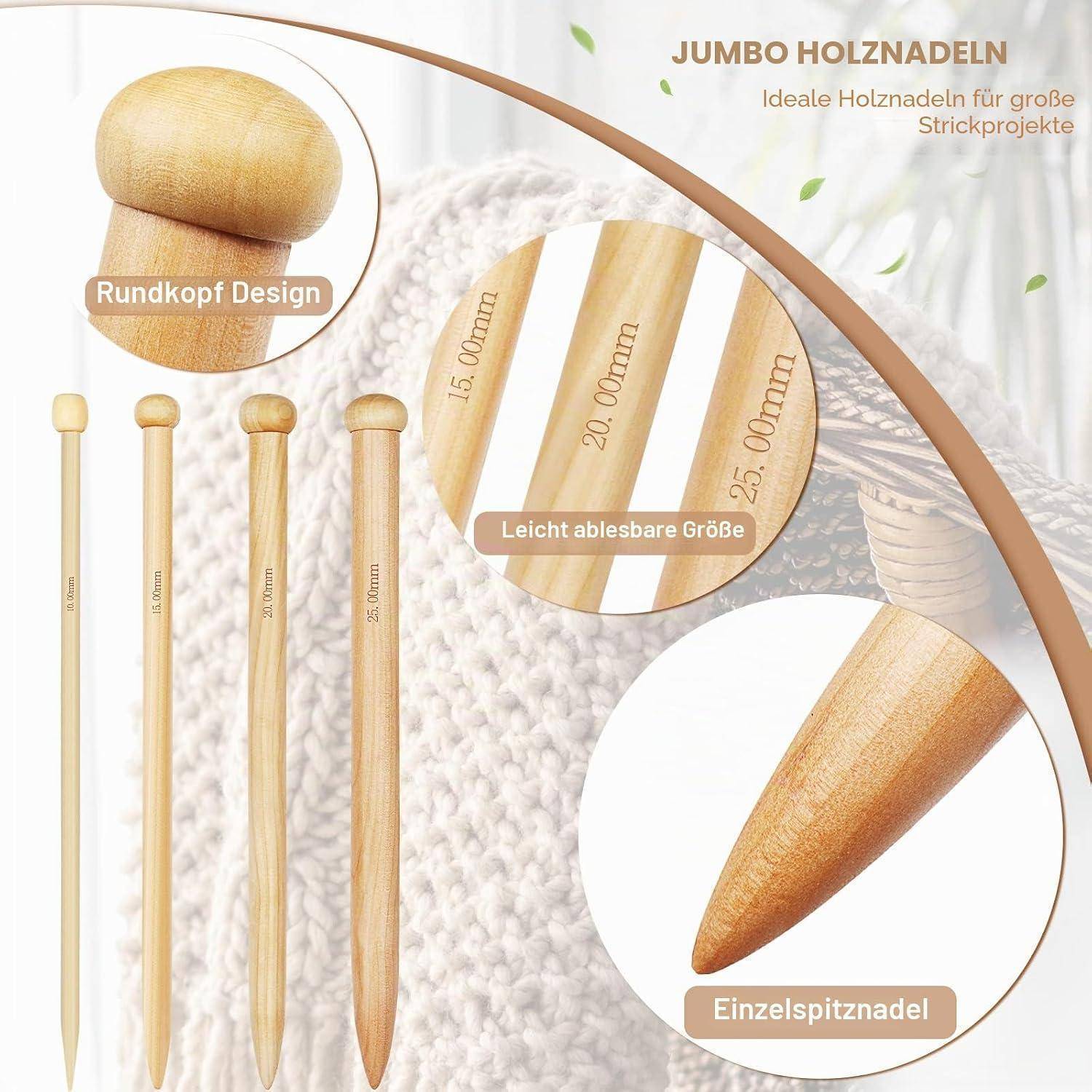 Abbildung von übergroßen Holzstricknadeln für große Projekte, die das Rundkopfdesign, leicht lesbare Größen und eine einteilige Spitze zeigen.
