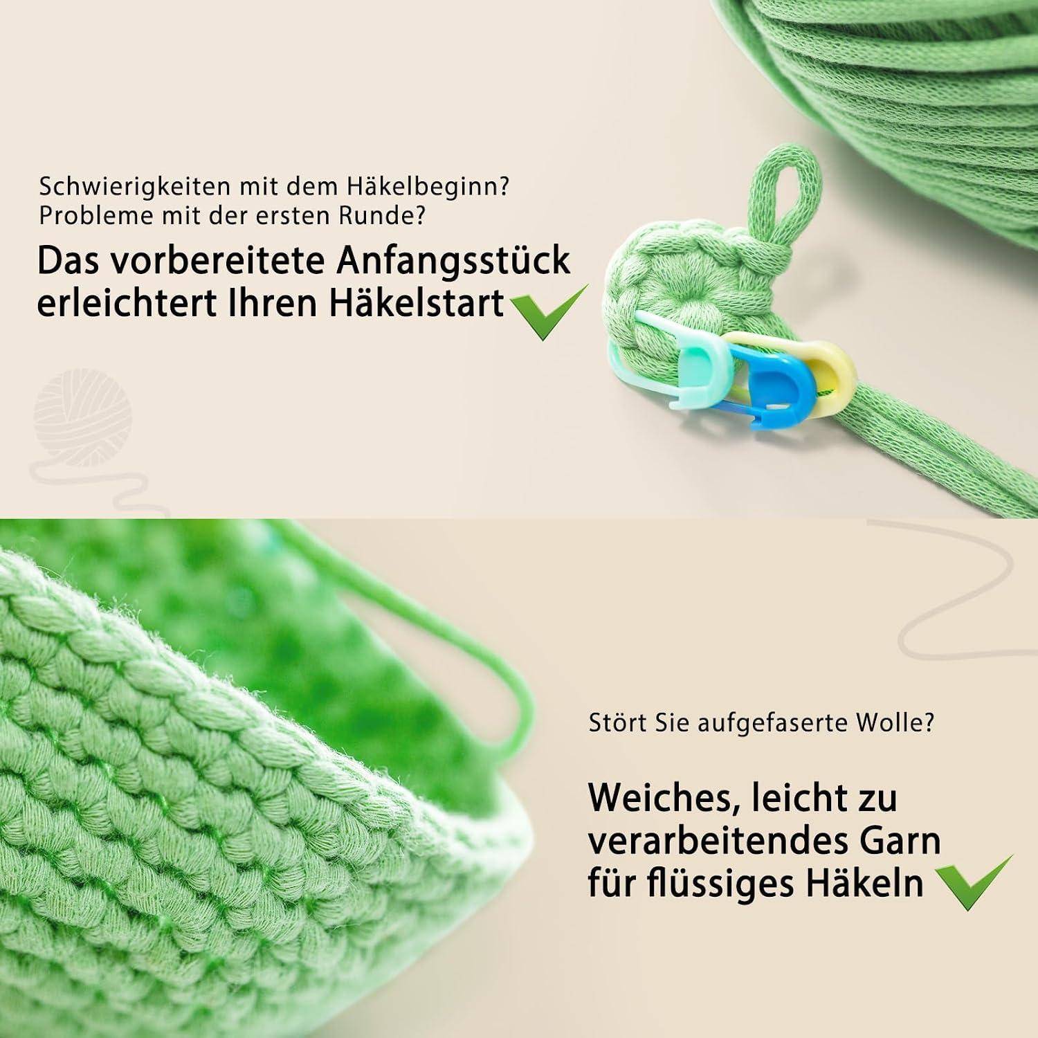 Werbebild für Häkeln, das ein vorgefertigtes Startstück und weiches grünes Garn mit Clips zeigt; Der deutsche Text besagt, dass es den Anfang beim Häkeln erleichtert und das Aufspalten von Wolle verhindert, um reibungsloser häkeln zu können.