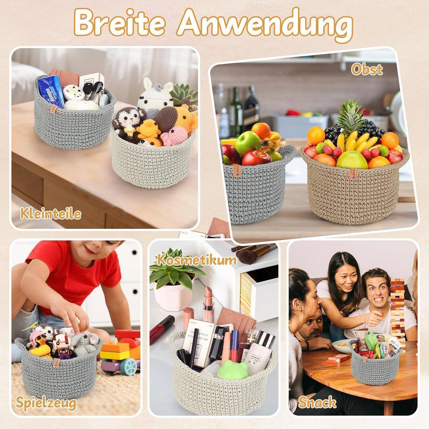 Collage mit geflochtenen Aufbewahrungskörben, die für kleine Gegenstände, Obst, Spielzeug, Kosmetik und Snacks verwendet werden, mit deutschen Beschriftungen.