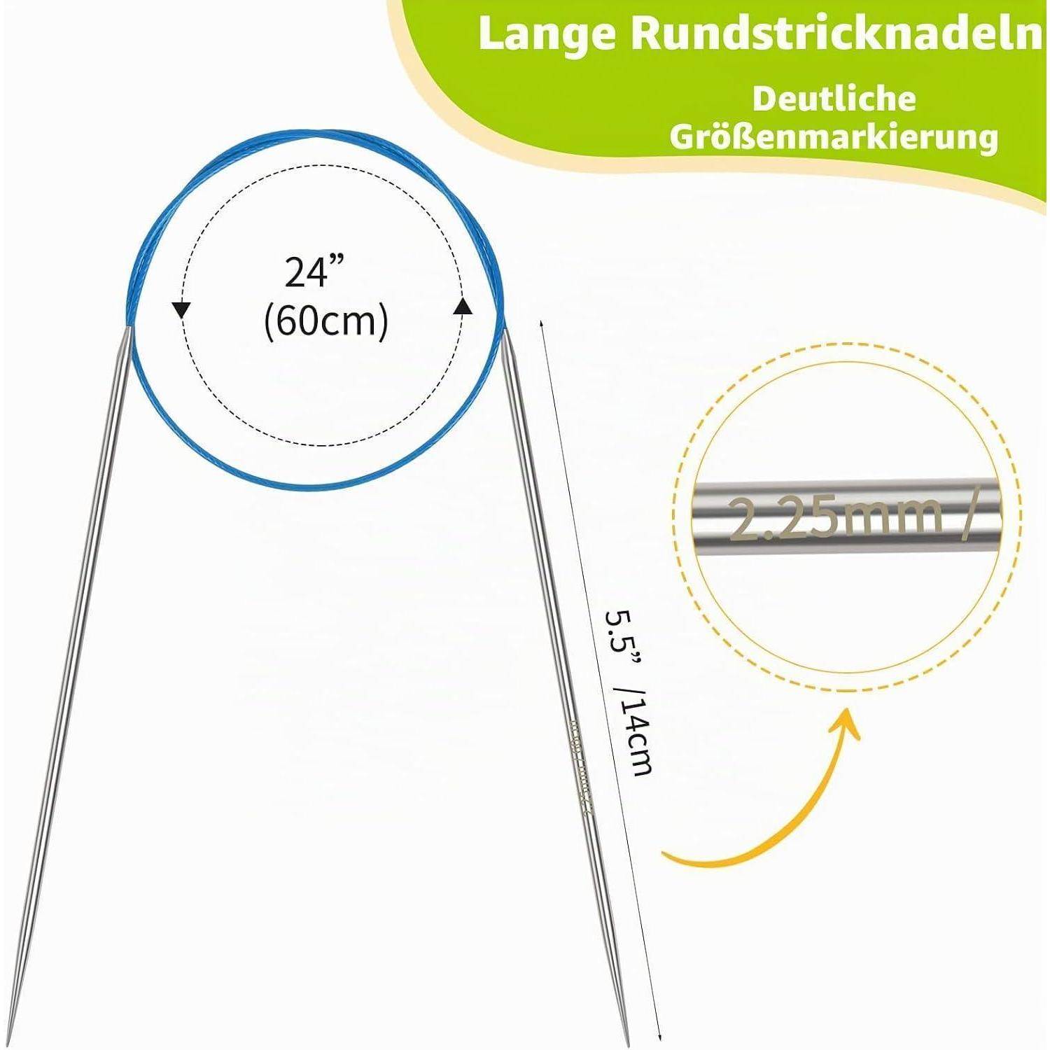 Diagramm einer Rundstricknadel mit einer Länge von 60 cm (24 Zoll), 5,5 cm (2,25 Zoll) langen Nadelspitzen und einer Dicke von 2,25 mm.