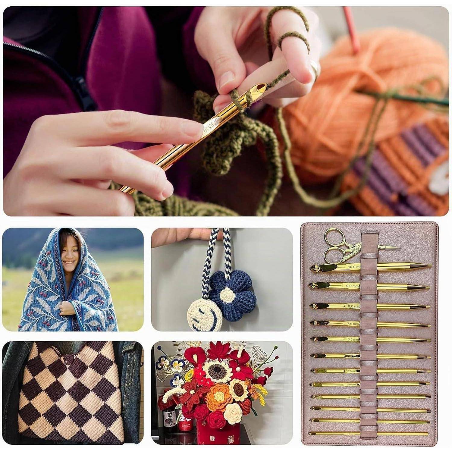Collage aus Häkel- und Handarbeitskunst: Hände mit einer Häkelnadel, ein Kind in eine gestrickte Decke gehüllt, handgefertigte Accessoires, eine karierte Tasche, Blumenstrauß und organisierte Häkelnadeln.