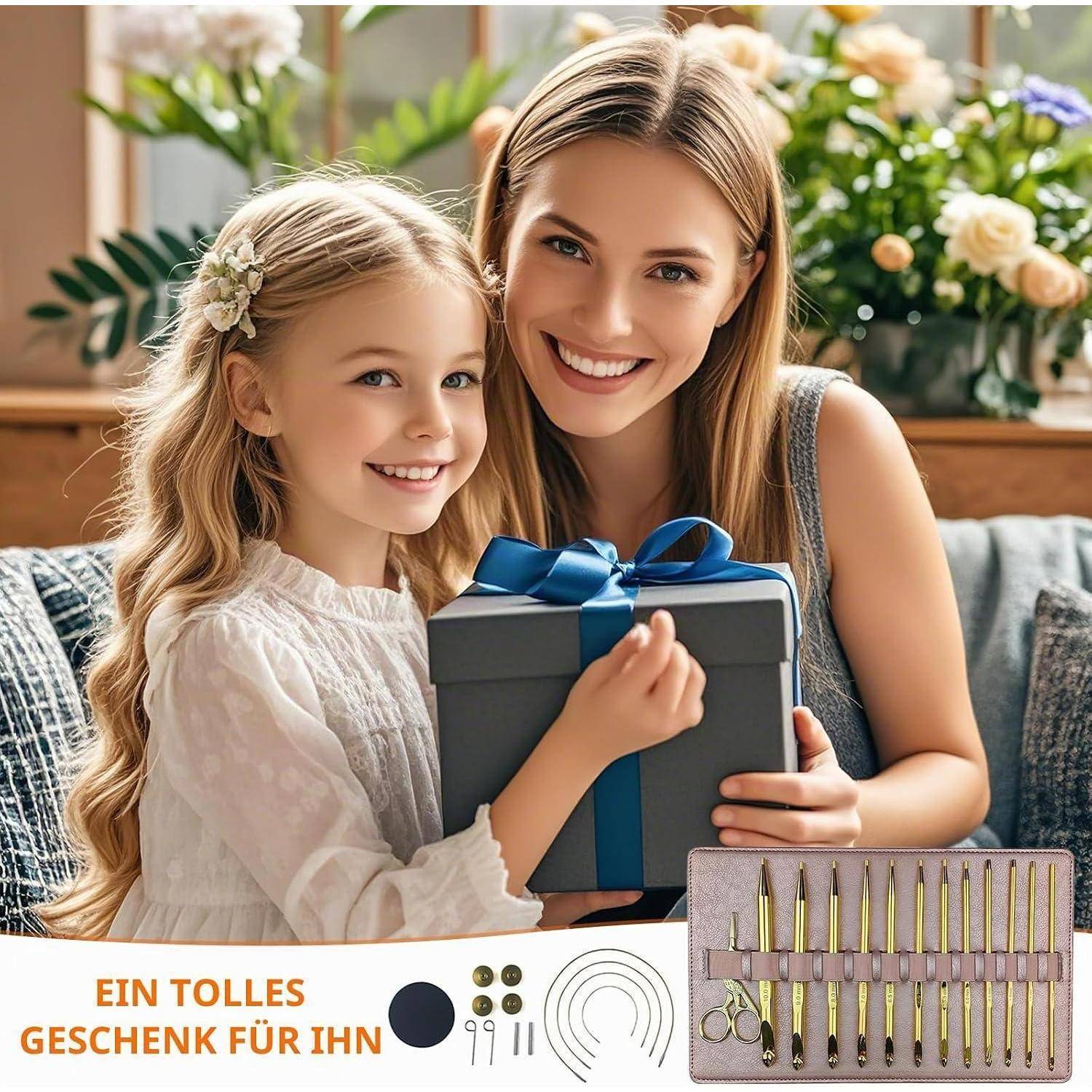 Lächelnde Frau und junges Mädchen halten eine Geschenkbox mit blauem Band; der Text unten lautet „EIN TOLLES GESCHENK FÜR IHN