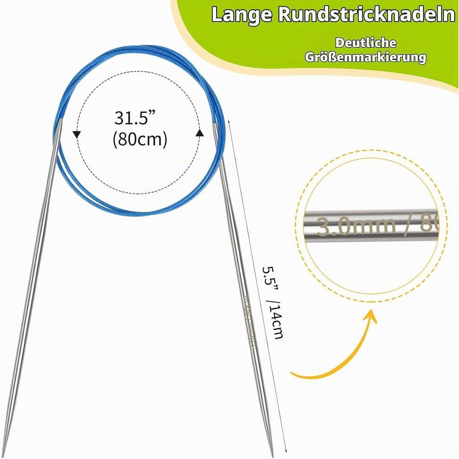 Produktdiagramm von langen Rundstricknadeln mit einer Kabellänge von 31,5 Zoll (80 cm), einer Nadellänge von 5,5 Zoll (14 cm) und einer Größenmarkierung von 3,0 mm.