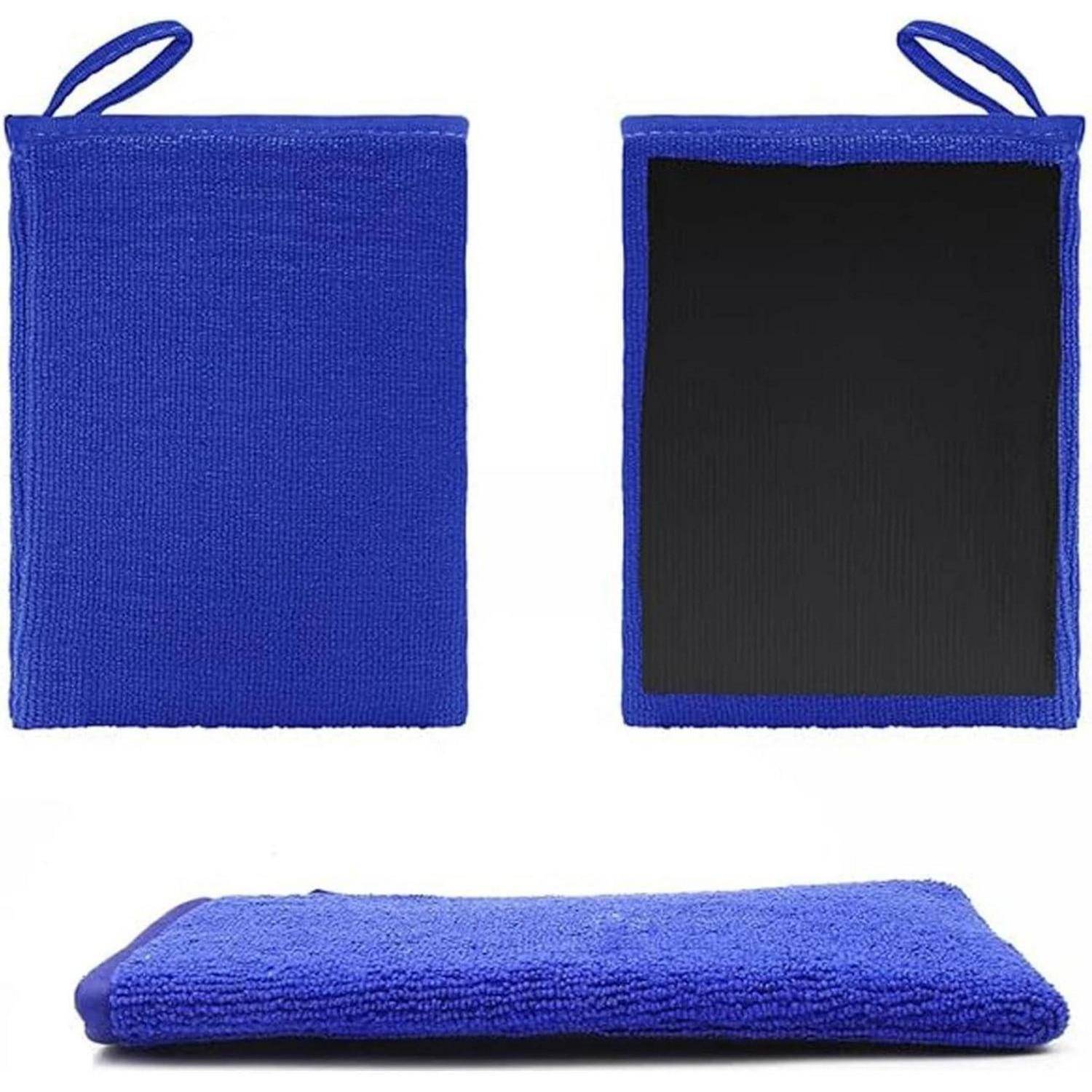 Blaue rechteckige Mikrofaser-Tasche mit Schlaufengriff, gezeigt von vorne, hinten und flach zusammengeklappt.