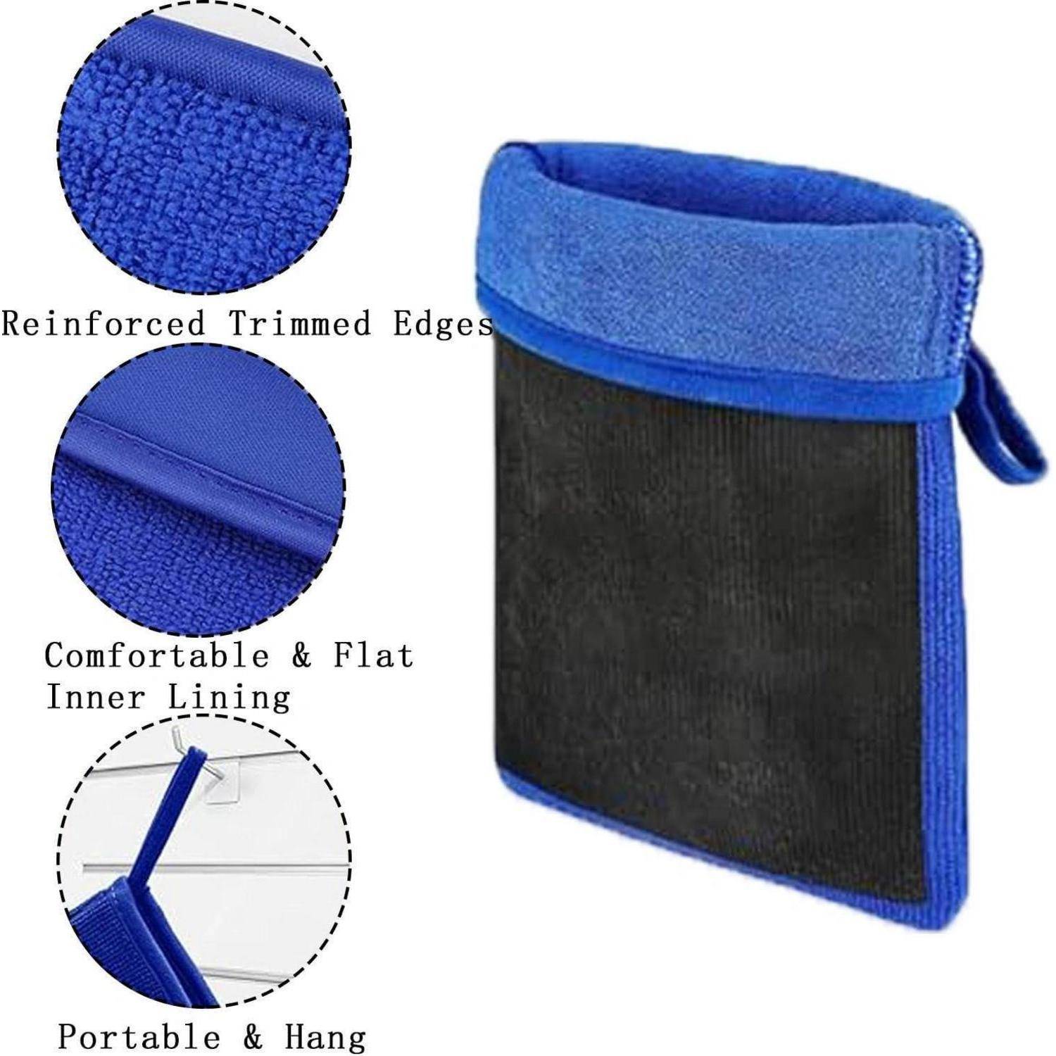 Blau-schwarzer Hängebeutel mit Trageriemen, gezeigt mit eingefügten Nahaufnahmen, die verstärkte Kanten, flache innere Auskleidung und tragbares Hängedesign hervorheben.