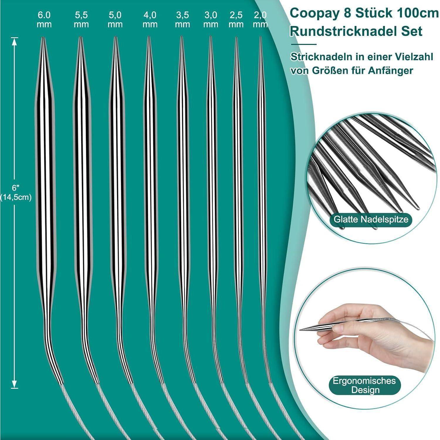 Produktbild von 'Coopay 8 Stück 100cm Rundstricknadel Set' zeigt acht Rundstricknadeln in den Größen 2,0–6,0 mm mit Nahaufnahmen der glatten Spitzen und des ergonomischen Designs.