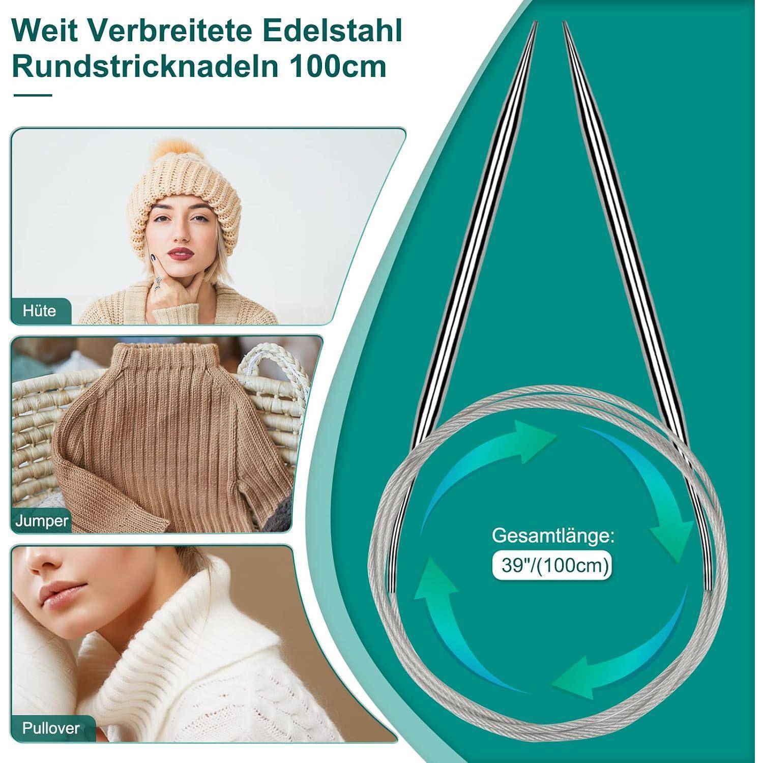 Infografik mit einer 100 cm langen kreisförmigen Stricknadel aus Edelstahl mit Kabeln, beschriftet mit „Gesamtlänge: 39
