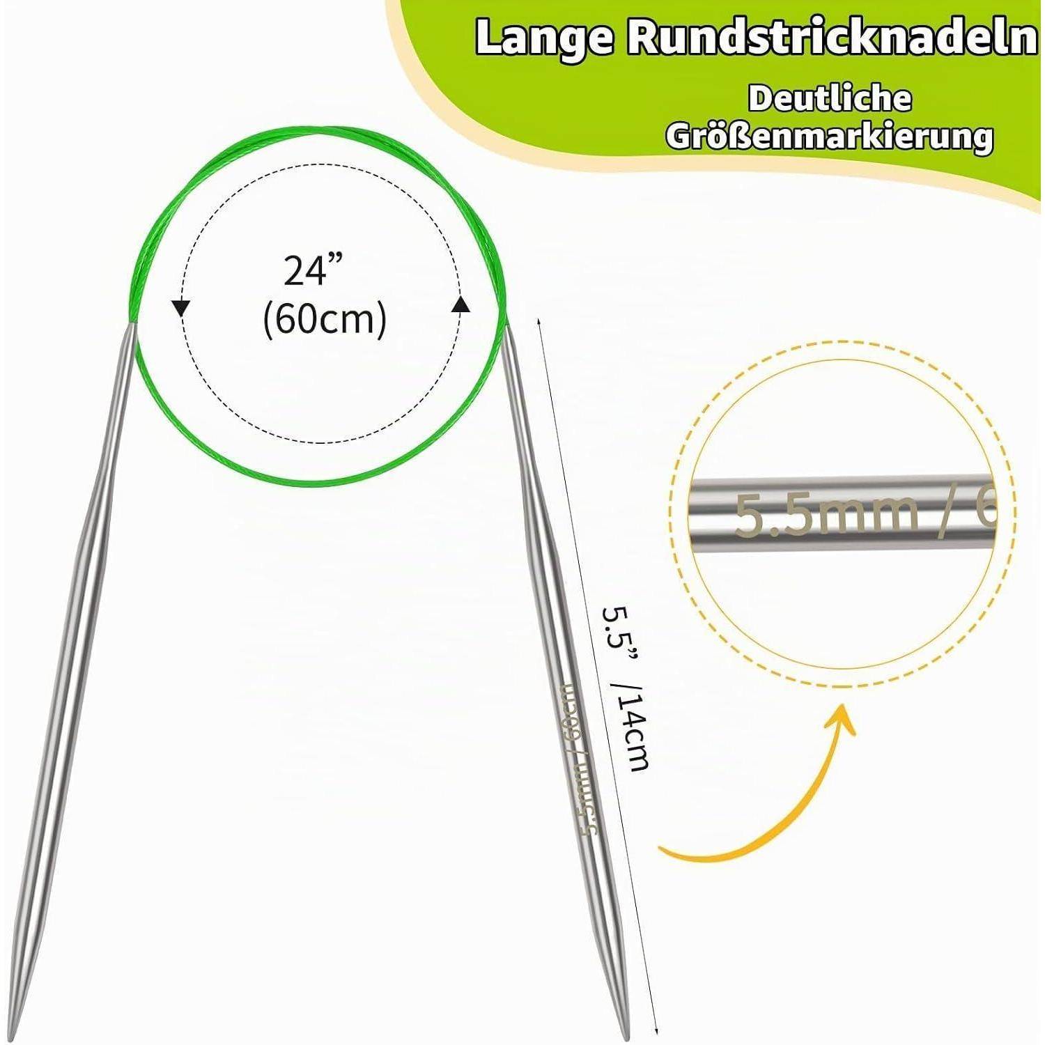 Diagramm von Rundstricknadeln mit einer Länge von 24 Zoll (60 cm), Nadelspitzen von 5,5 Zoll (14 cm) und einer Größenmarkierung von 5,5 mm.