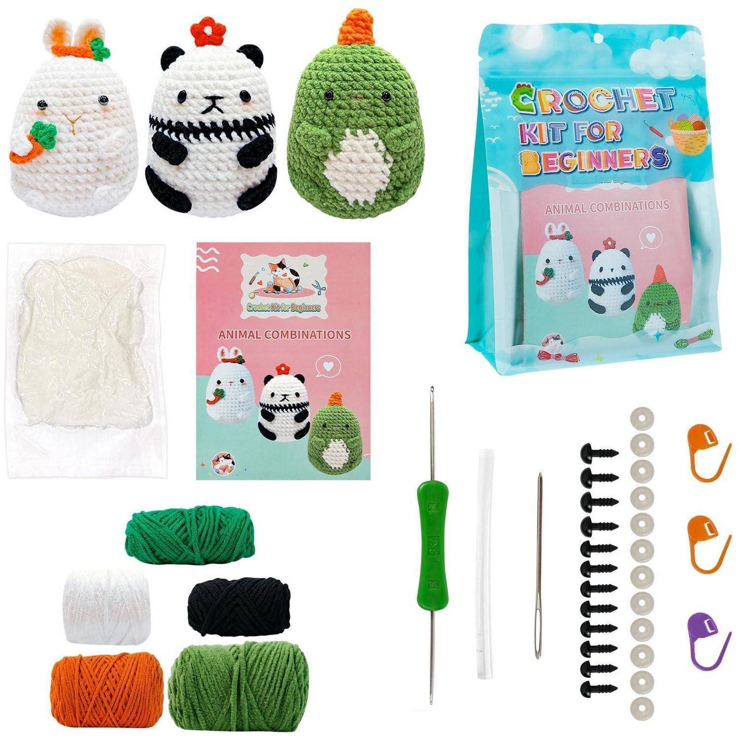 Häkelset für Anfänger mit Tierkombinationen: drei Plüschtier-Muster, Garn, Füllmaterial, Häkelhaken, Nadeln, Augen, Maschenmarkierer und Anleitungsbuch.