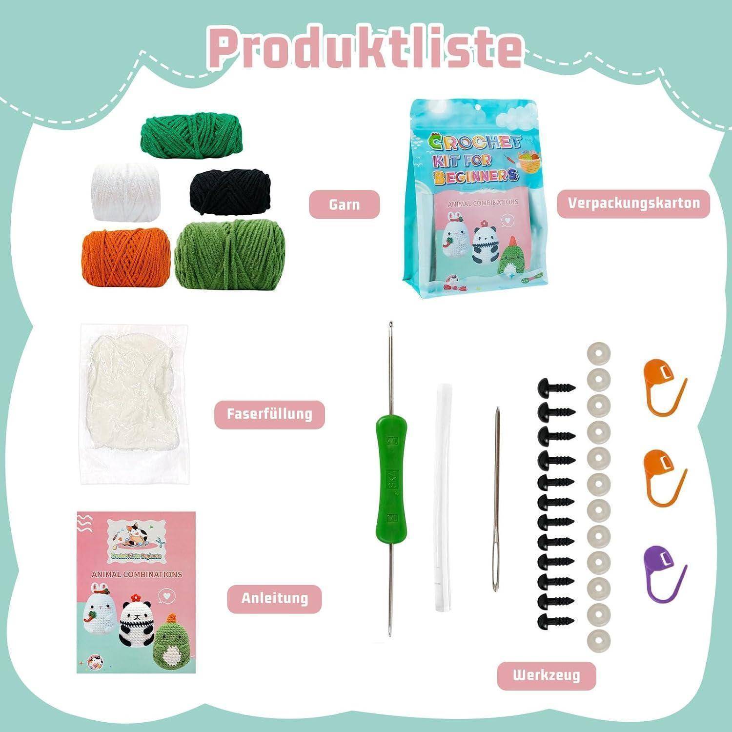 Eine Häkelkit-Produktliste mit Garn, Verpackungsbox, Faserfüllung, Anleitung und Werkzeugen einschließlich Häkelhaken, Nadel, Sicherheitsaugen und Maschenmarkierern.
