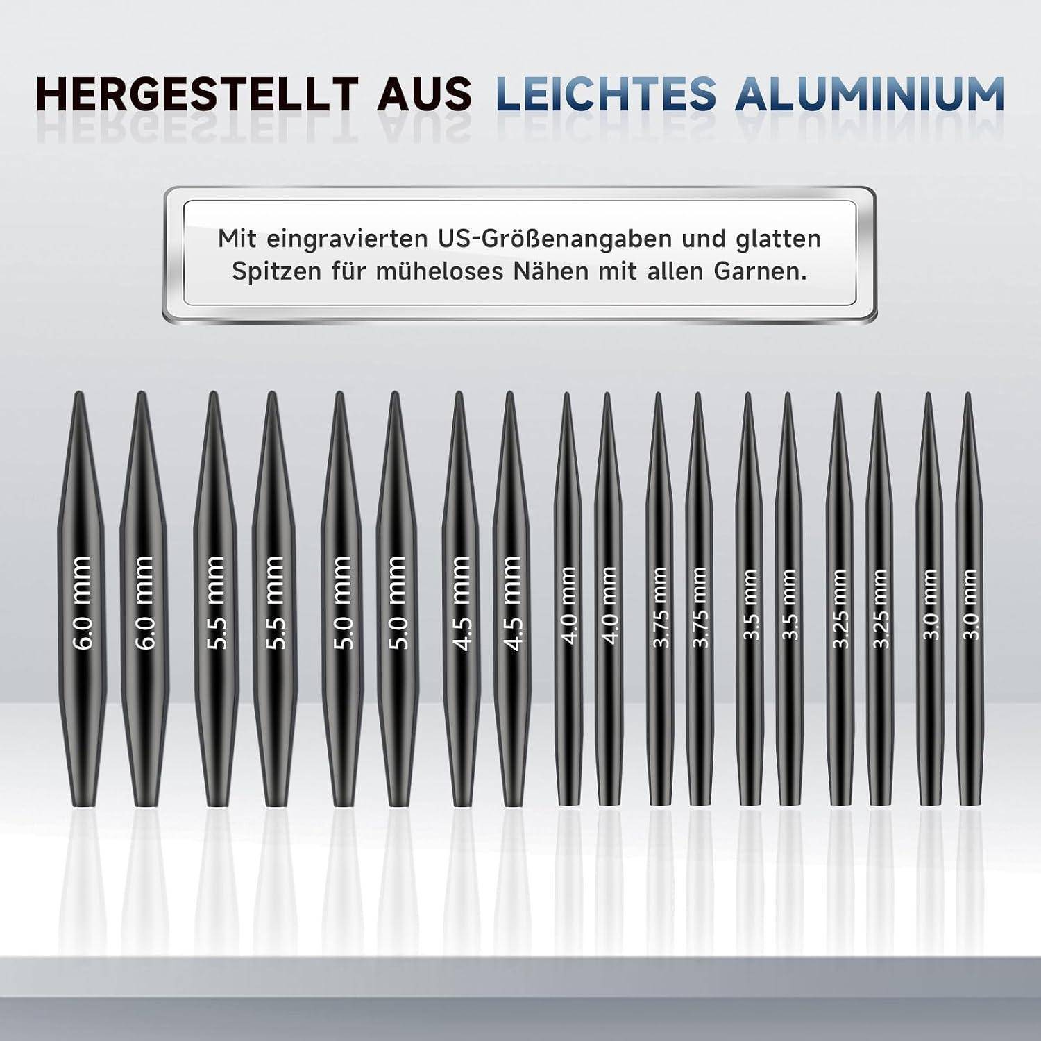 Satz von Aluminiumstricknadeln in verschiedenen US-Größen, beschriftet in Millimetern, mit Text, der glatte Spitzen und einfaches Stricken bewirbt.