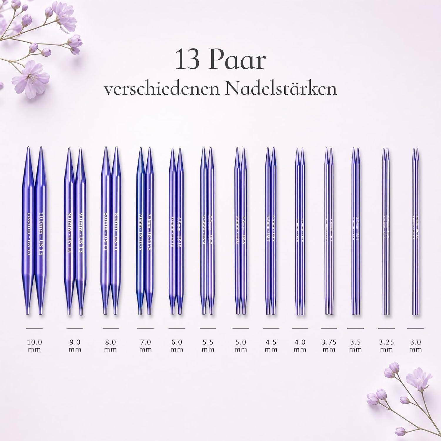 13 Paar Stricknadeln in verschiedenen Größen, beschriftet von 10,0 mm bis 3,0 mm, mit dem Titel „13 Paar verschiedenen Nadelstärken