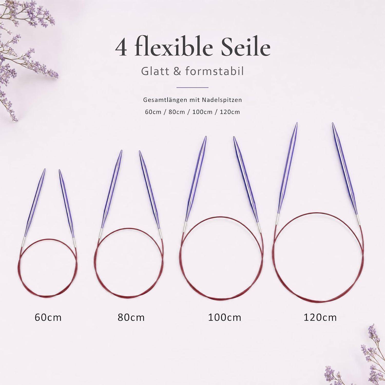 Produktgrafik mit 4 flexiblen Rundstricknadeln in den Längen 60cm, 80cm, 100cm und 120cm, gekennzeichnet mit 'Glatt & formstabil'.