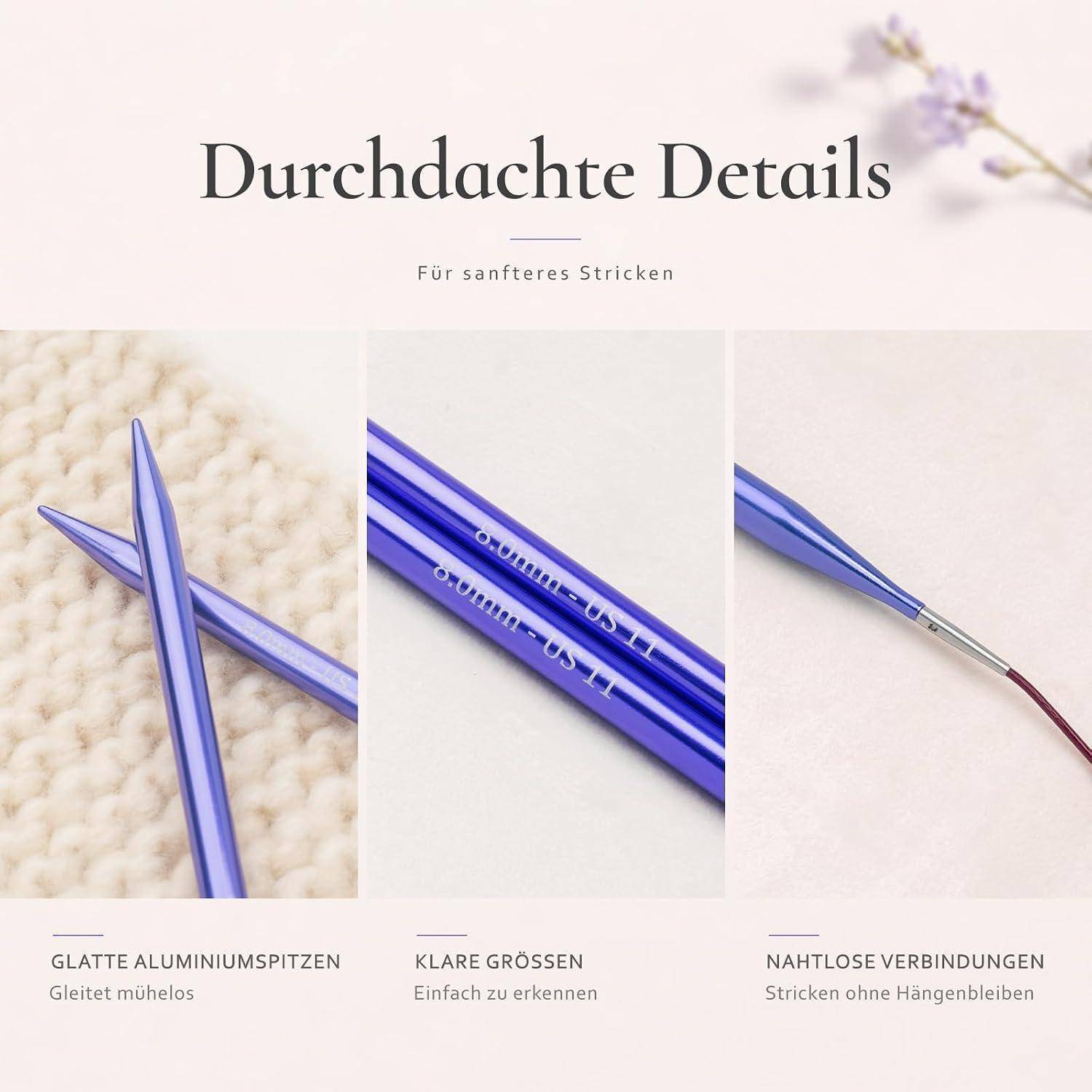 RUIDI Rundstricknadeln Set Austauschbar 3,0-10 mm Aluminium mit Etui Violett