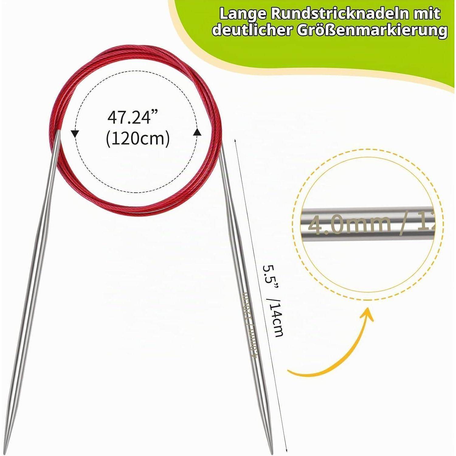 Rundstricknadel-Set mit rotem Kabel, gekennzeichnet mit 120 cm Kabellänge und 14 cm Nadeln, plus Nahaufnahme der Nadelgröße 4,0 mm.