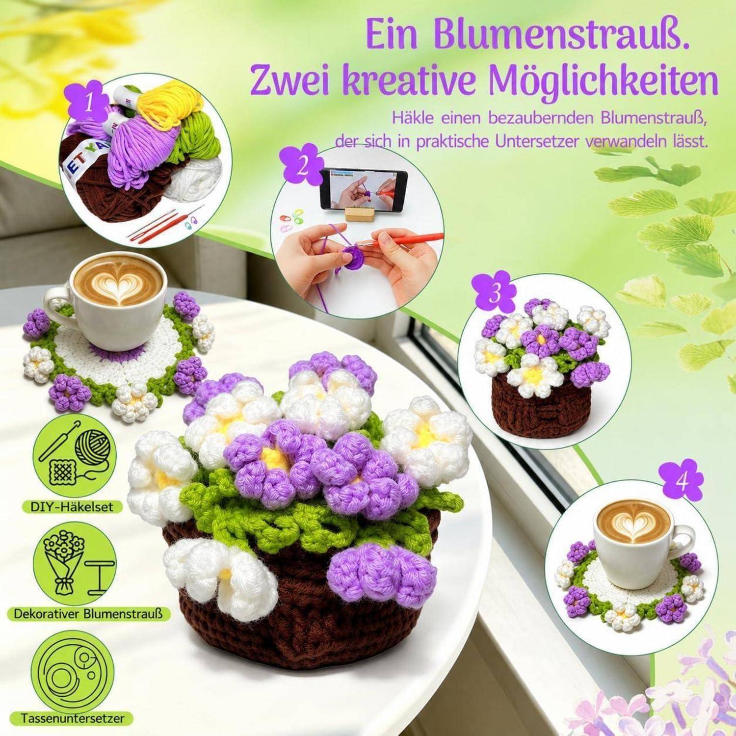 Anleitung-Poster mit einem gehäkelten Blumensträußchen, das auch als Untersetzer und Tassenunterlage verwendet werden kann, mit vier Schritt-für-Schritt-Erstellungsbildern.