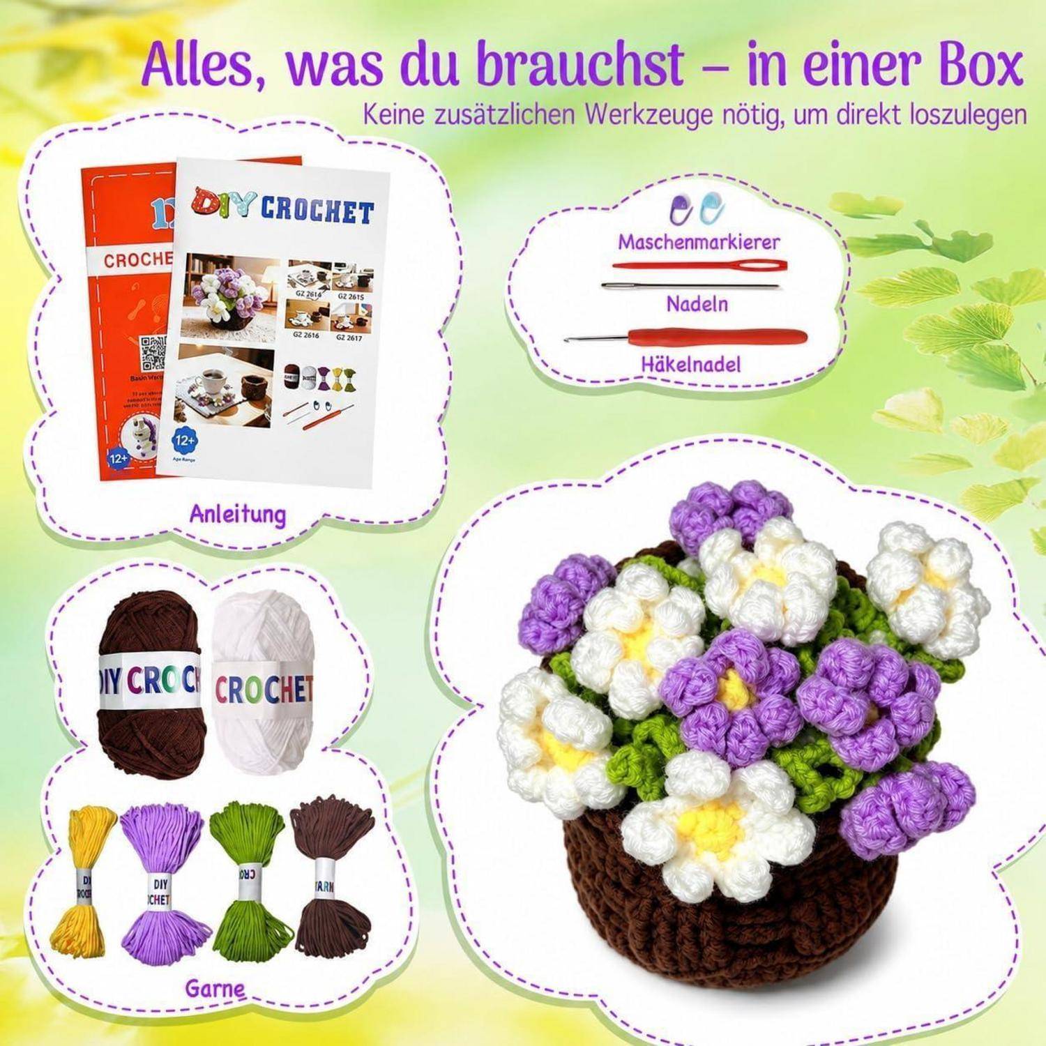 Werbebild für ein Häkelset, das alles Enthaltene zeigt: Anleitung, Markierungsclips, Nadeln, Häkelhaken, Garn und einen fertigen gehäkelten Blumenkorb.