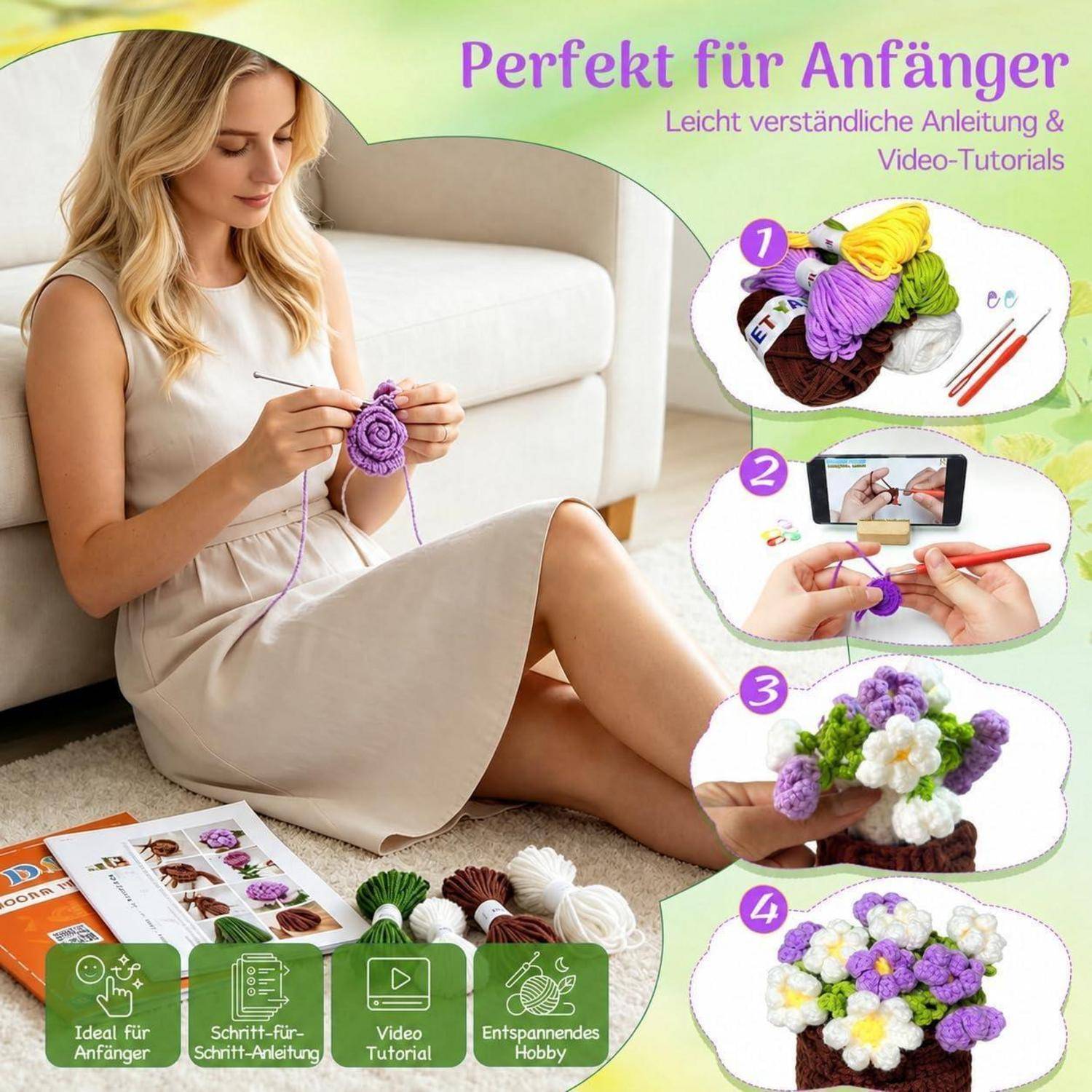 Anzeige für Anfänger-Häkeln: Frau, die eine lila Blume häkelt, mit Schritt-für-Schritt-Video-Tutorial-Bildern und fertigem Blumenstrauß.