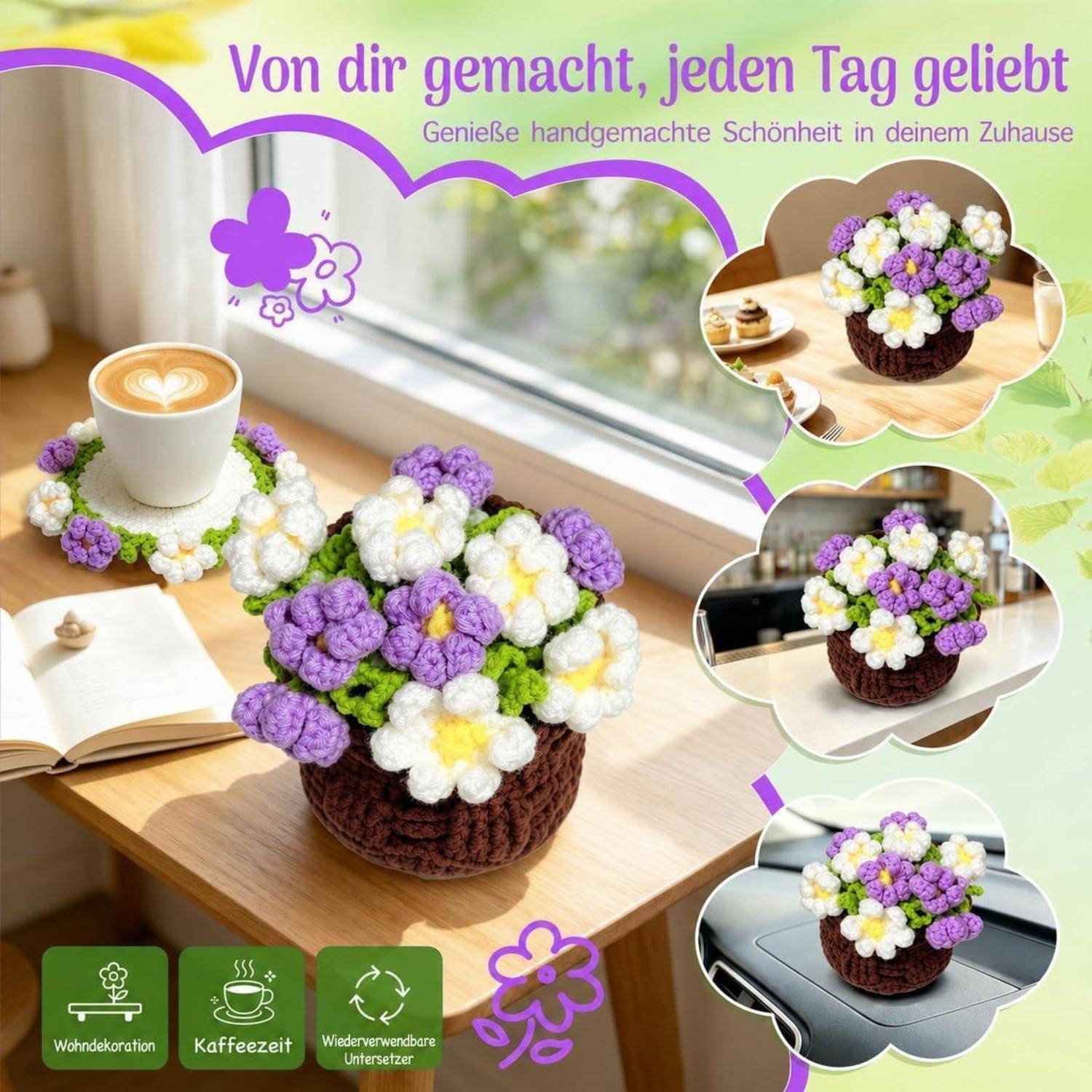 Werbebild einer handgefertigten Blumenanordnung, die als Tassenuntersetzer und Tischdekoration verwendet wird, auf einem Holztisch mit einer Kaffeetasse und kleinen Einfügungsfotos in verschiedenen Einstellungen dargestellt.