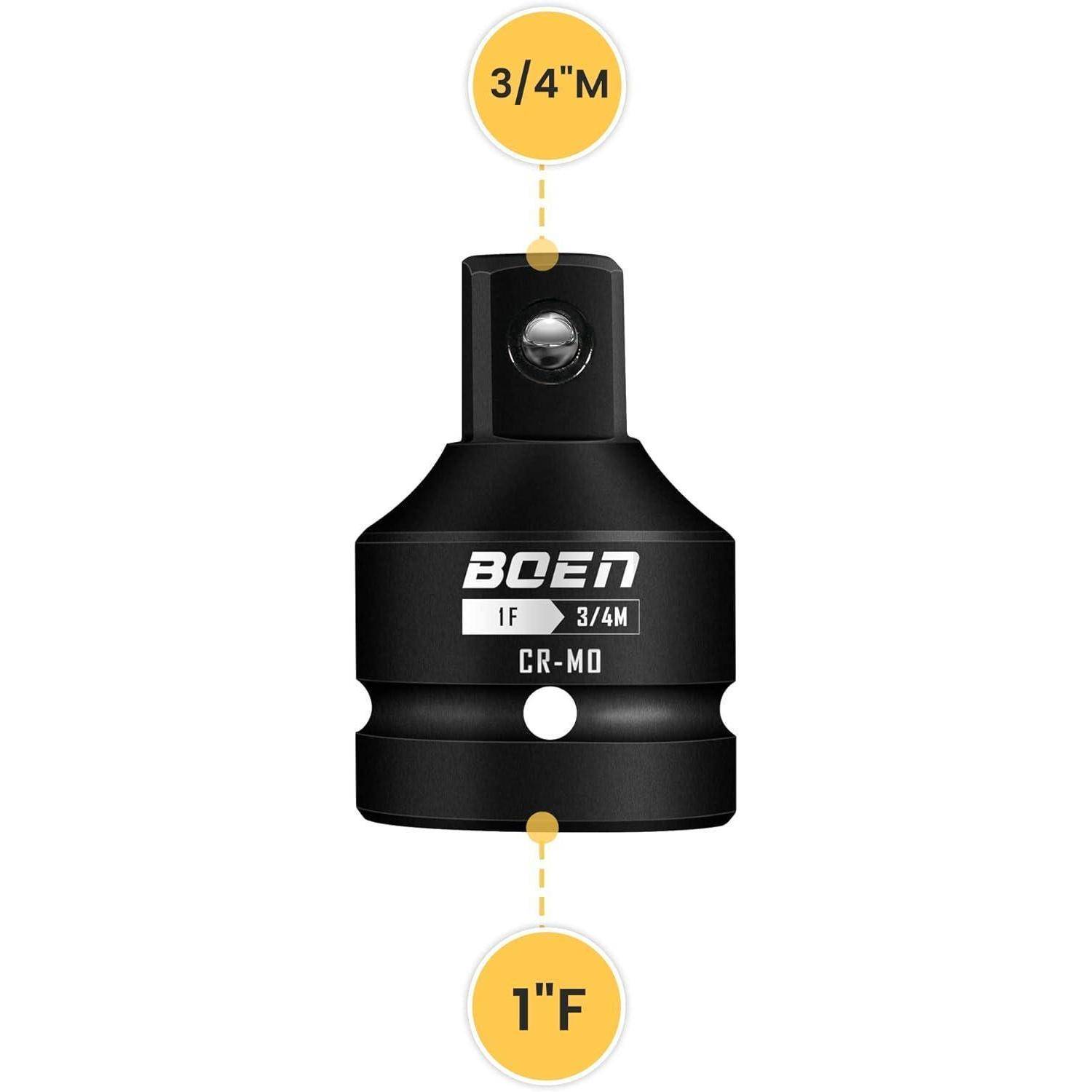Schwarzer BOEN-Steckdosenadapter, 3/4 Zoll Außengewinde oben und 1 Zoll Innengewinde unten, Vorderansicht mit Größenbezeichnungen dargestellt.