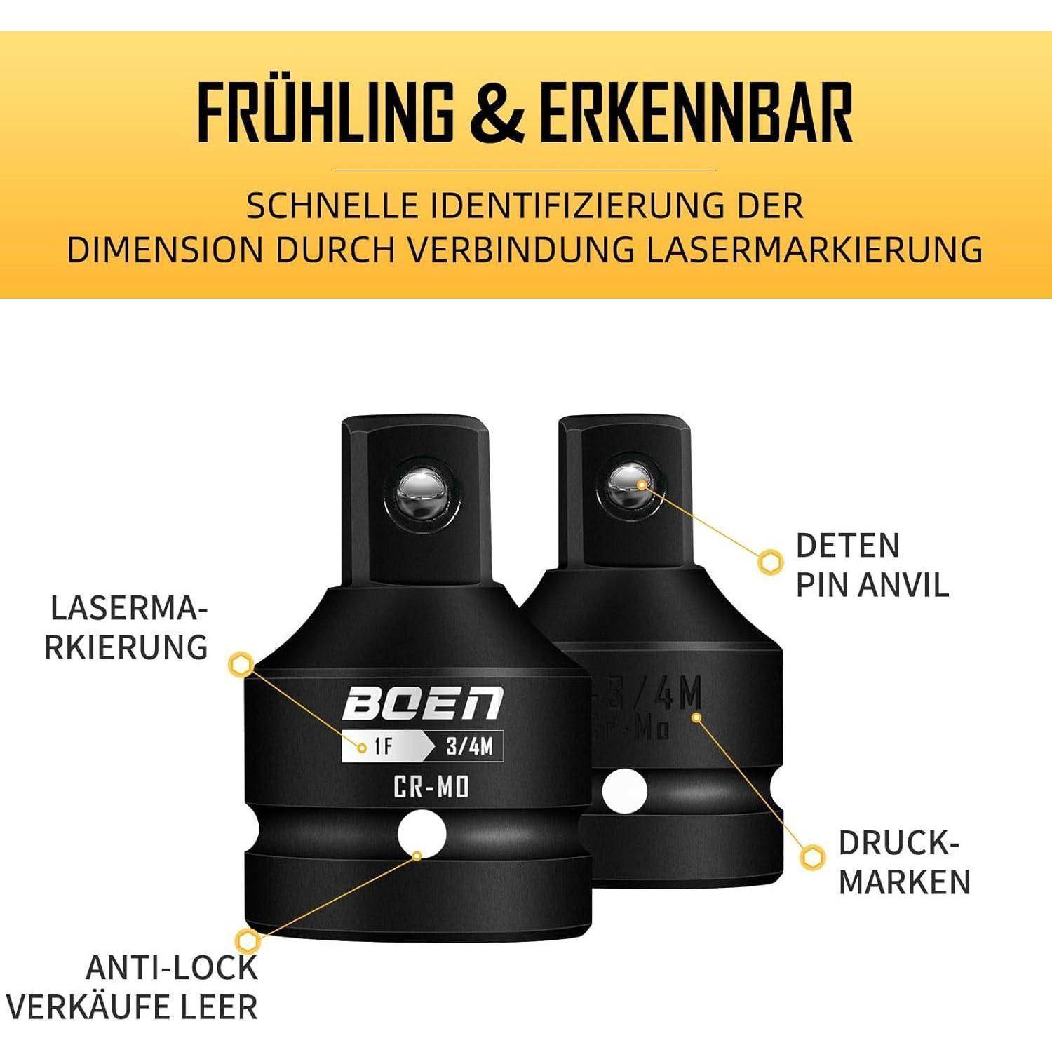 # Infografik von zwei schwarzen Werkzeugnüssen zeigt, wie man die Größe anhand von Lasermarkierung und Stiftamboss erkennt, mit deutschen Beschriftungen für Markierung, Verriegelungsstiftamboss, Druckmarkierungen und Anti-Lock-Verkaufsleere.