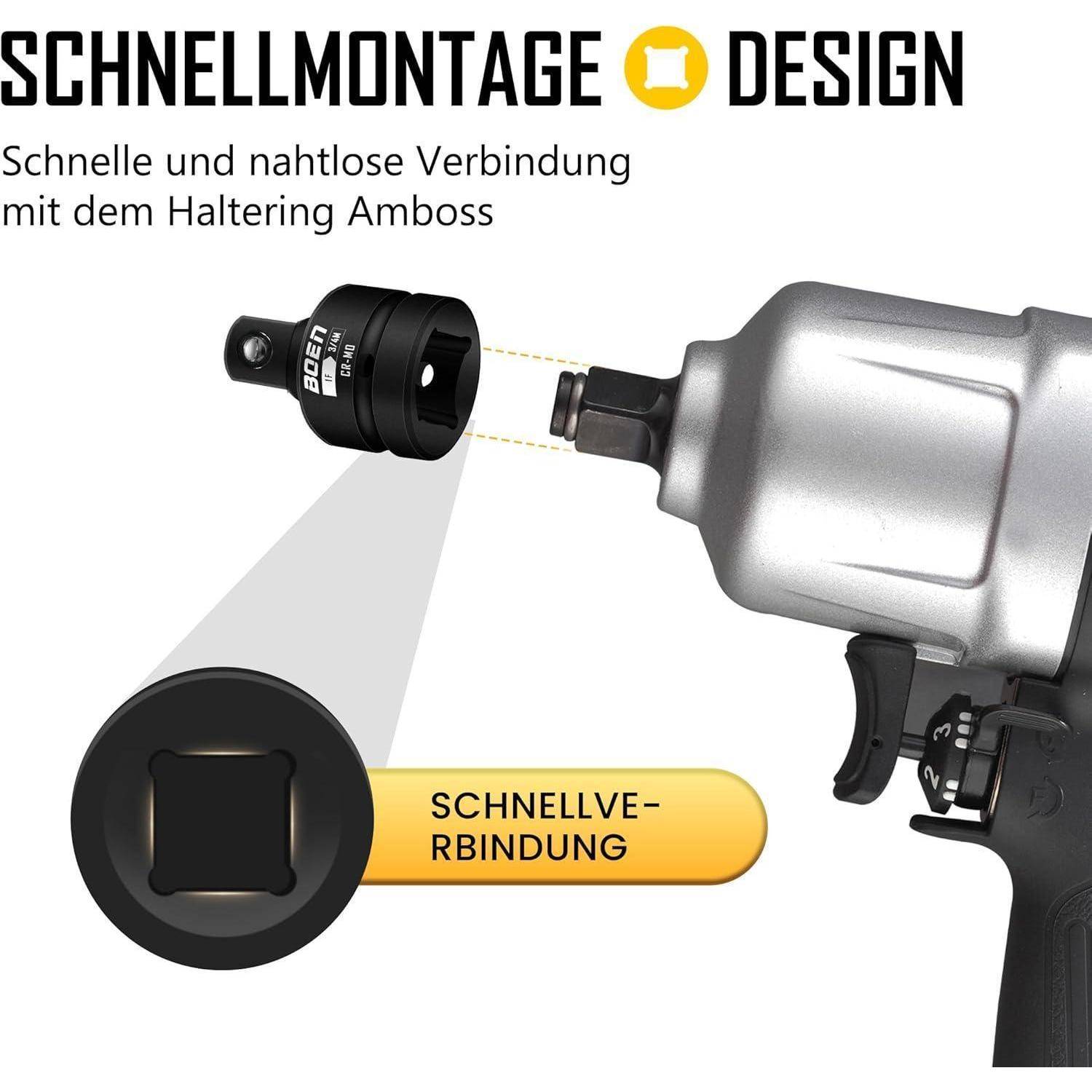 Diagramm zeigt Schnellbefestigungsdesign: Ein Schlagschrauber verbindet sich mit einem Halter-Amboss über einen schwarzen Adapter, beschriftet mit 'SCHNELLVERBINDUNG' und 'Schnelle und nahtlose Verbindung mit dem Haltering Amboss'.