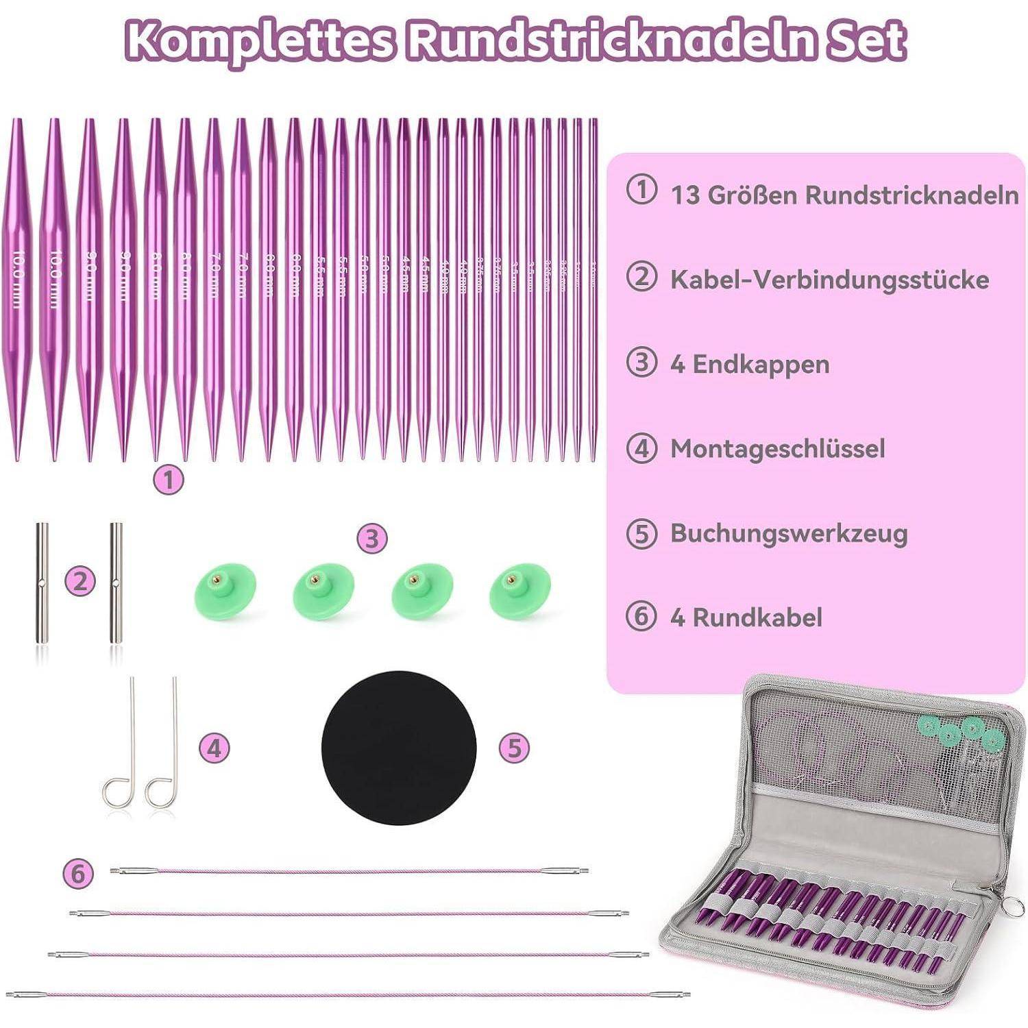 Diagramm eines Stricknadelsatzes mit der Bezeichnung 