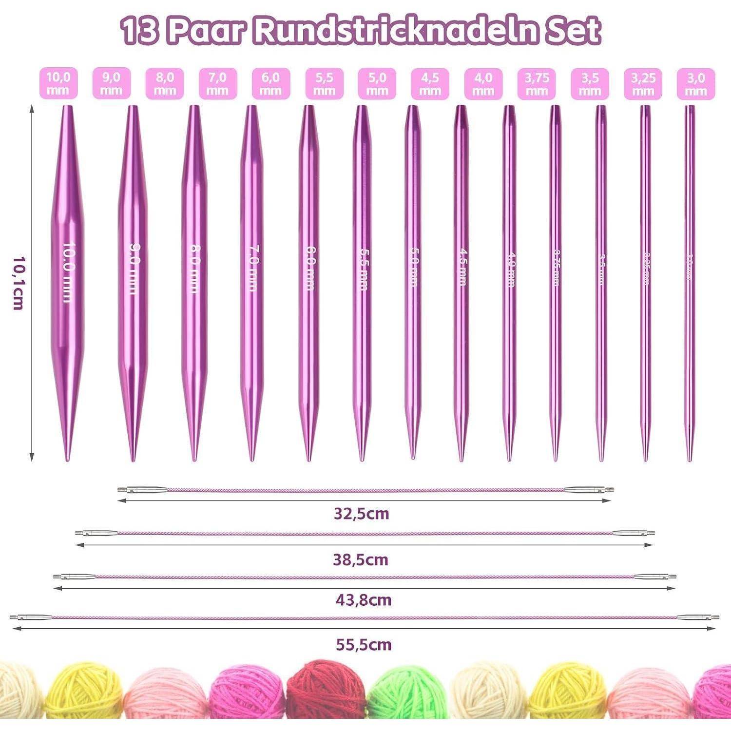 Diagramm von 13 lila farbigen Rundstricknadeln mit Bezeichnungen von 3,0 bis 10,0 mm, mit Längen von 32,5, 38,5, 43,8, 55,5 cm und Größe 10,1 cm dargestellt.
