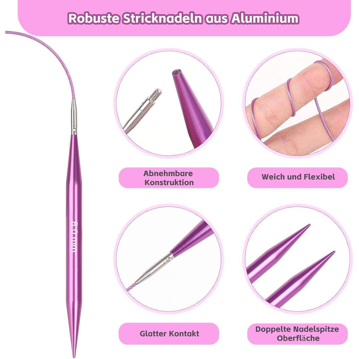 Deutsches Produktgrafik einer violetten Aluminium-Stricknadel: abnehmbare Konstruktion, weich und flexibel, glatte Oberfläche und doppelspitzig.