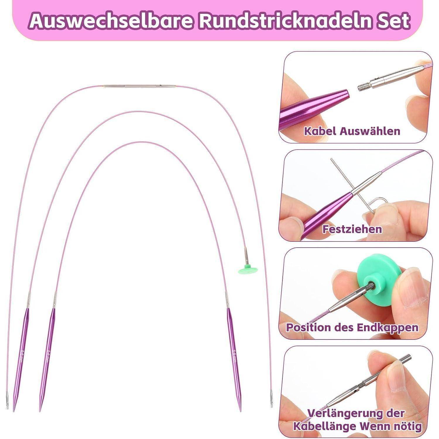 Bild eines austauschbaren Rundstricknadel-Sets mit Kabeln und Spitzen, das drei Nahaufnahmen zeigt: Kabel auswählen, festziehen und Endkappen oder Verlängerungen anbringen.