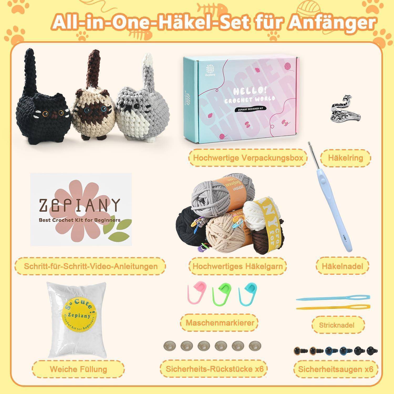 Ein All-in-One Anfänger-Häkelset mit Garn, Häkelhaken, Ring, Nadel, Maschenmarkierern, Sicherheitsaugen, Füllmaterial und Anleitungsverpackung.