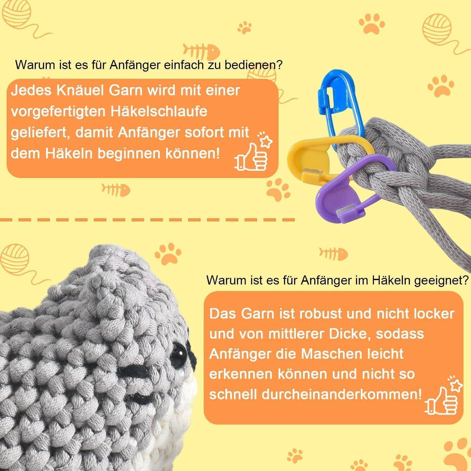 Deutschsprachige Infografik erklärt anfängerfreundliches Häkelvgarn: vorgefertigte Schleifen zum einfachen Anfangen und dickes, strapazierfähiges Garn, das Anfängern hilft, Maschen zu sehen.