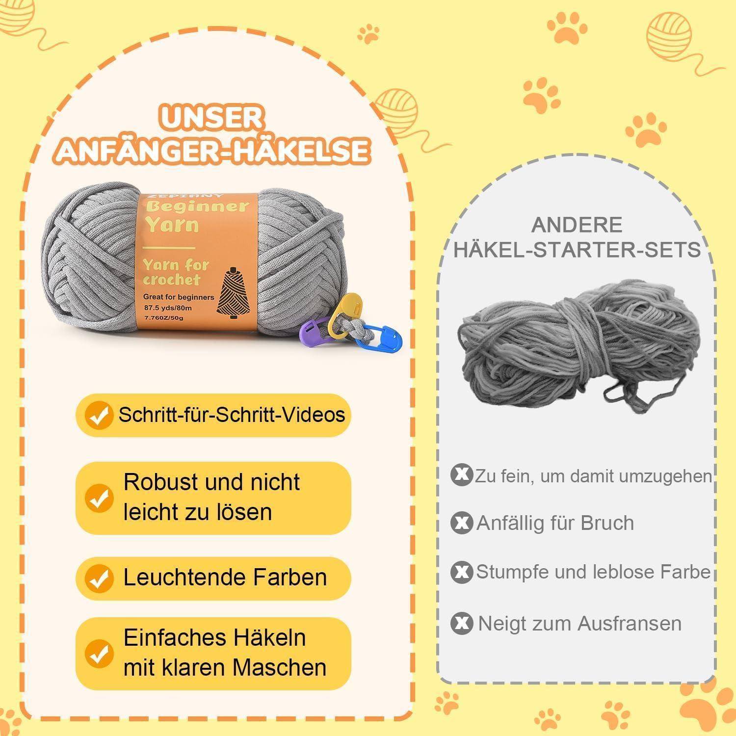 Vergleichsgrafik: Unser Anfänger-Häkelgarn-Set im Vergleich zu anderen Starter-Sets, das zeigt, dass unser Set Schritt-für-Schritt-Videos, strapazierfähiges Garn, leuchtende Farben und einfache Maschen bietet.