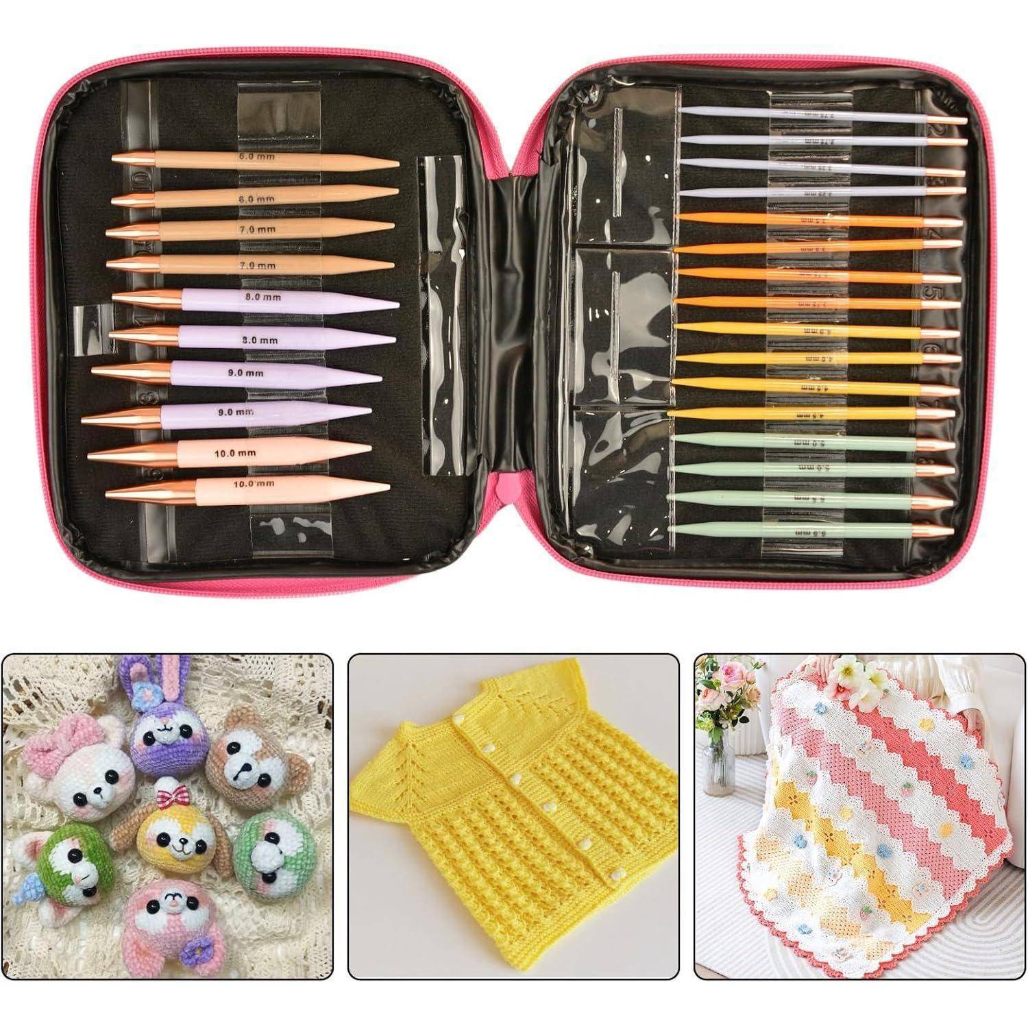 Collage von Häkelutensilien und Projekten: ein Etui mit doppelendigen Stricknadeln, ein kuscheliges Amigurumi-Tier, ein gelber Baby-Pullover und eine Pastell-Babydecke.