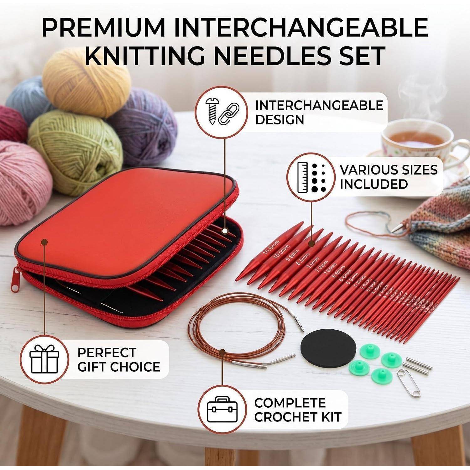 Premium-Set auswechselbarer Stricknadeln mit rotem Etui, verschiedene Nadelgrößen, Kabel, Zubehör, Wollknäuel und Etiketten, die das auswechselbare Design und das Häkelset hervorheben.