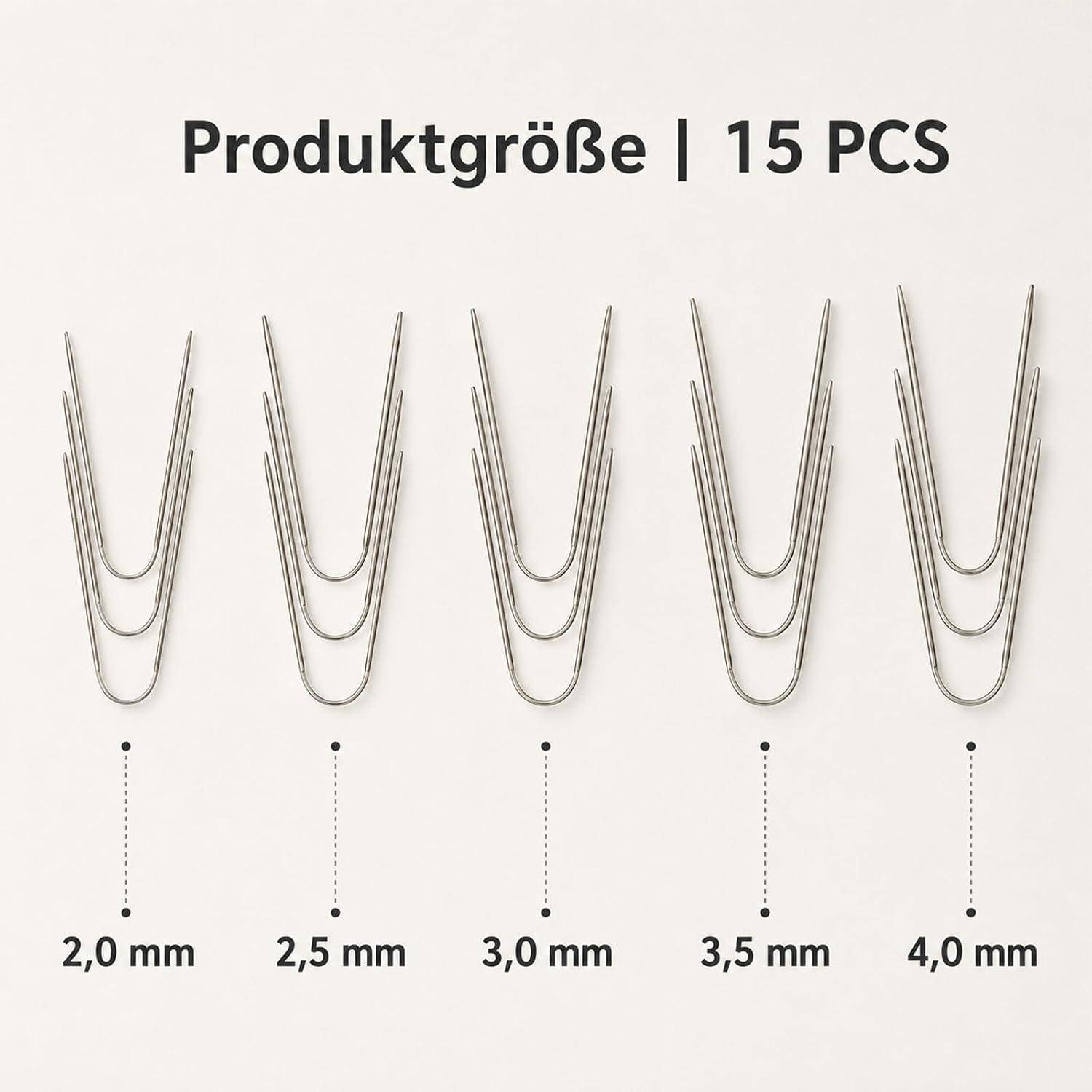 Abbildung von fünf metallischen U-förmigen Haarnadeln in den Größen 2,0, 2,5, 3,0, 3,5 und 4,0 mm, beschriftet mit „Produktgröße | 15 PCS
