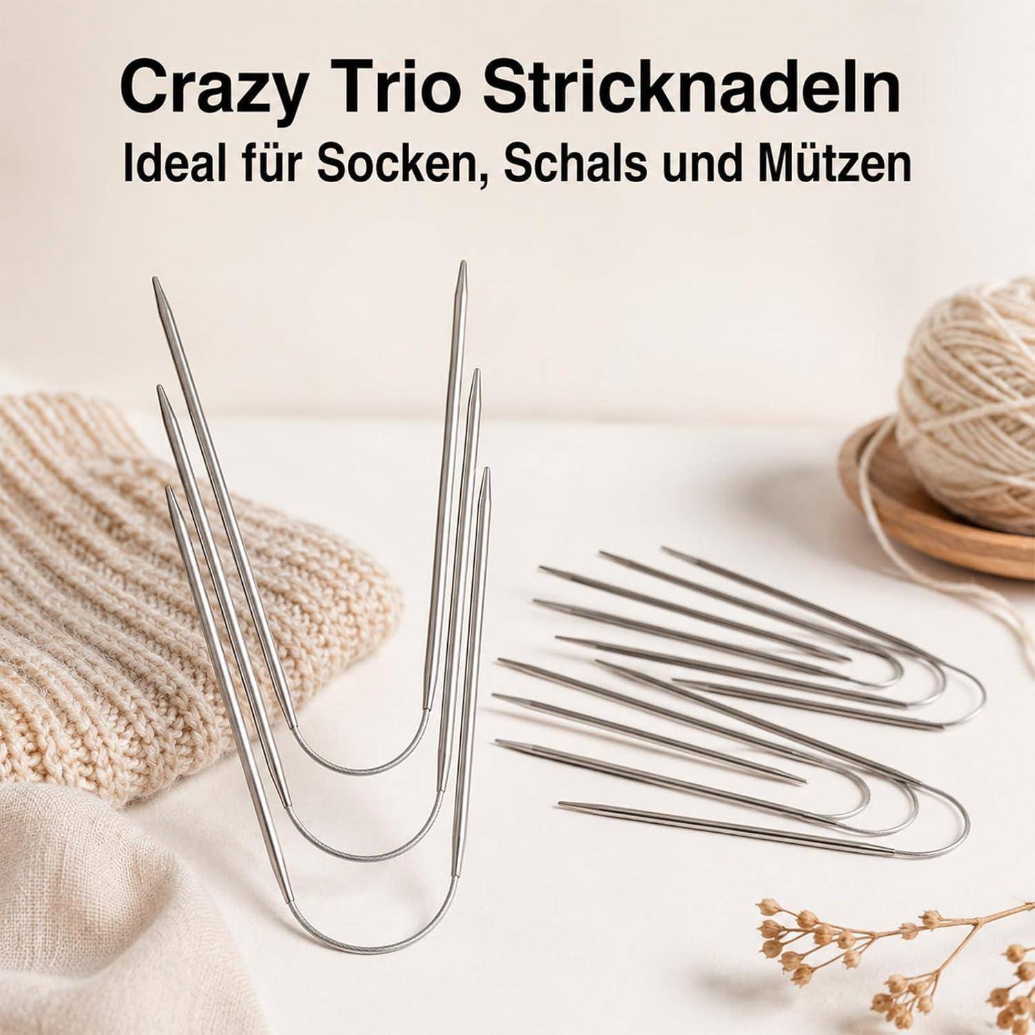 Werbebild von Stricknadeln mit dem Text „Crazy Trio Stricknadeln