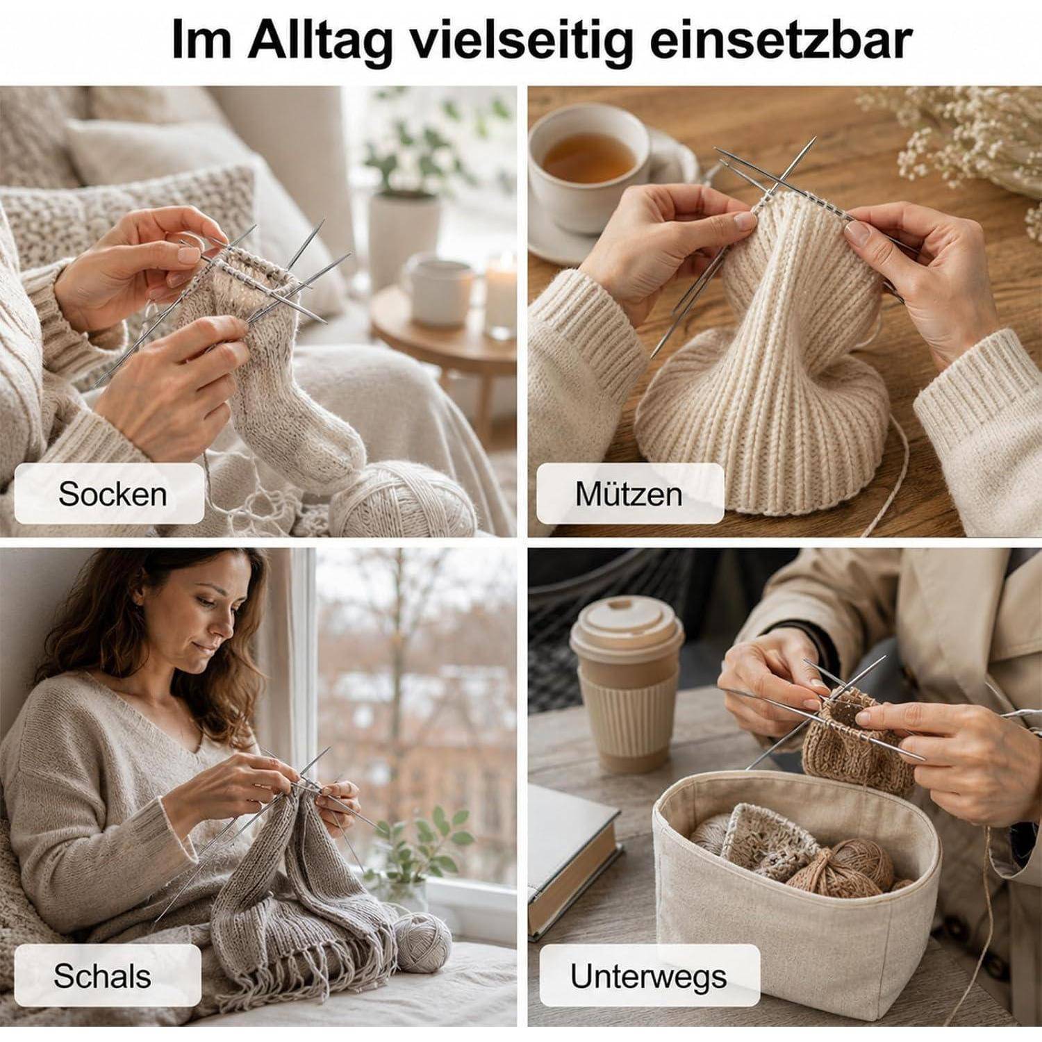 Deutsches Collage von Stricken in Gebrauch: Socken, Mützen, Schals und tragbares Stricken unterwegs.