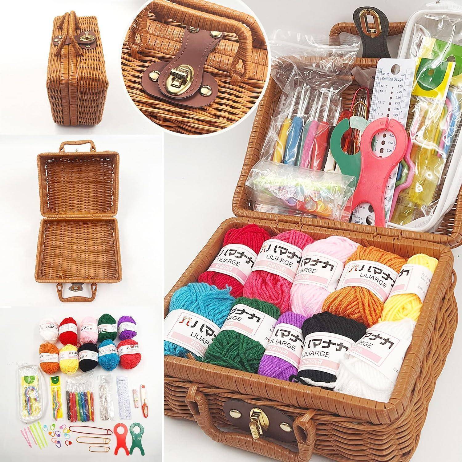 Weidenkorb-Nähkorbset mit Fächern und Werkzeugen, gezeigt offen und geschlossen, enthält bunte Wolle, Faden, Schere, Nadeln und Messwerkzeuge.
