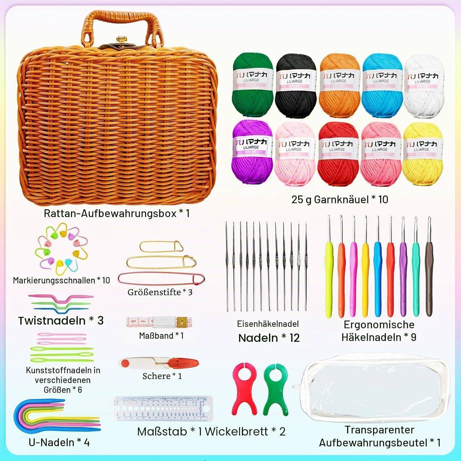 Produktset mit einem Weidenkorb, 10 Wollknäueln, Nadeln, Häkelnadeln, Markierern, Maßstab, Schere, Lineal, Wickelbrett und durchsichtiger Aufbewahrungstasche.