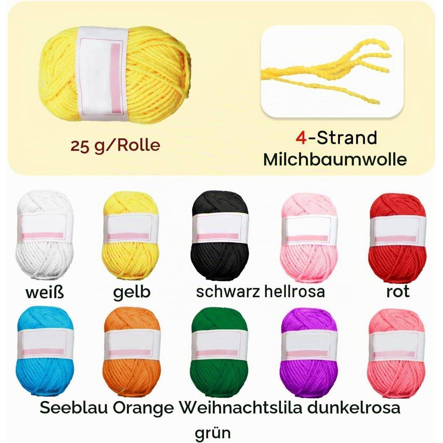 Produktbild von 4-fädigem Milchbaumwollgarn, 25 g pro Rolle, in verfügbaren Farben gezeigt: Weiß, Gelb, Schwarz, Hellrosa, Rot, Blau, Orange, Grün, Lila und Dunkelrosa.