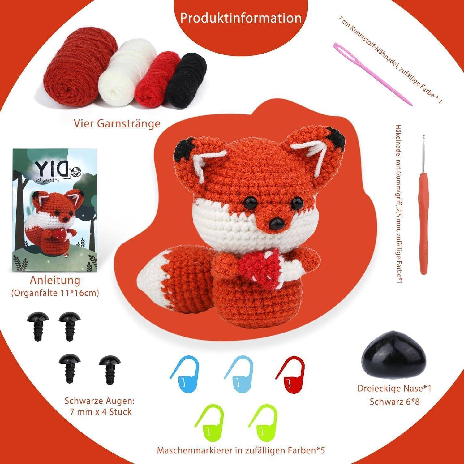 Häkelanleitung für Produktinformationen, die einen Fuchs-Amigurumi zeigt und enthaltene Materialien: vier Wollknäuel, Häkelhaken, Augen, Nase, Maschen-Markierungen und Anleitung.
