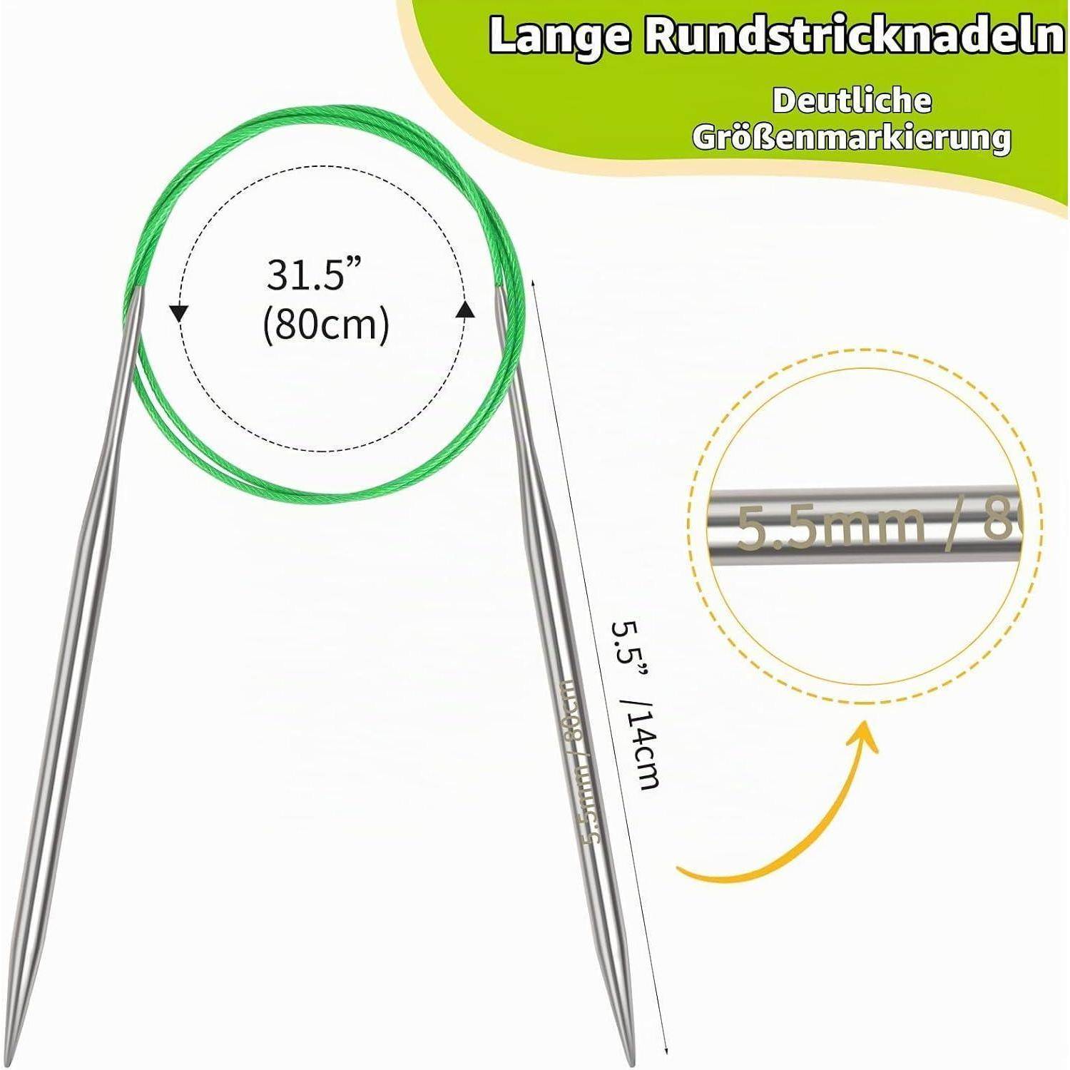 Abbildung von Rundstricknadeln mit einer Bezeichnung von 31,5 Zoll (80 cm) mit 5,5 Zoll/14 cm Spitzen und 5,5 mm Seil, mit Größenmarkierungen.
