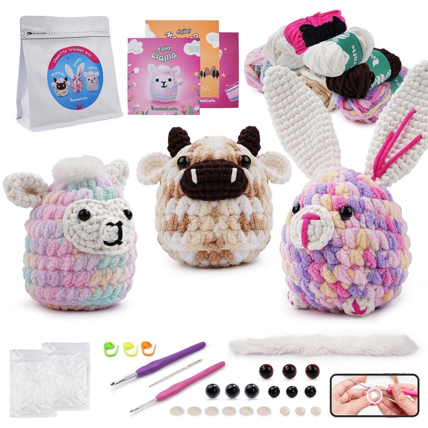 Häkel-Plüsch-Set mit Garn, Häkelhaken, Füllung, Augen, Anleitungen und fertigen Tierpuppen einschließlich Schaf, Kuh und Hase.