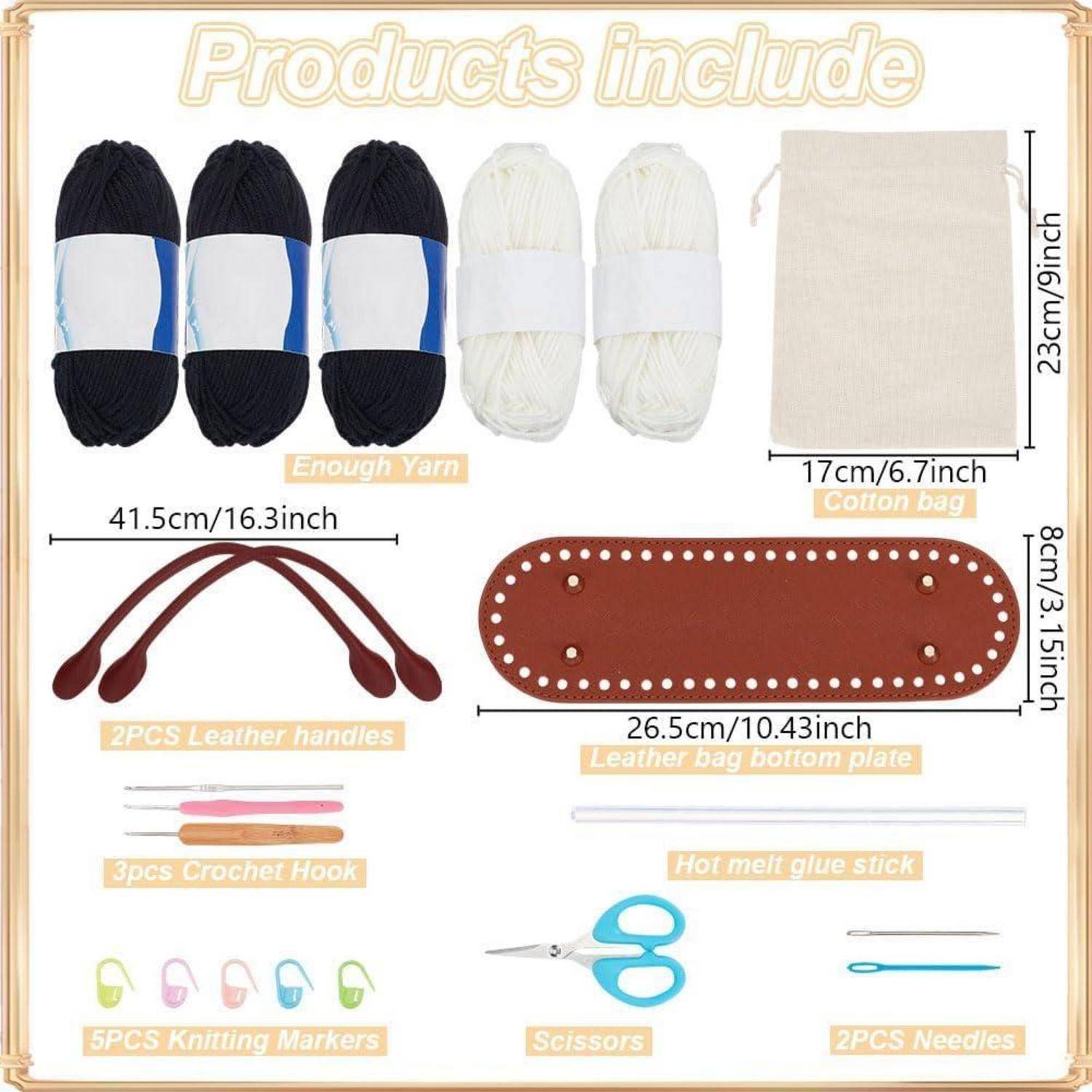 Inhalte des Bastelsets mit beschrifteten Teilen: Garnknäuel, Baumwolltasche, Ledegriffe, Ledertaschenbodenplatte, Schmelzklebestab, Schere, Häkelnadel, Strickmarker und Nadeln.