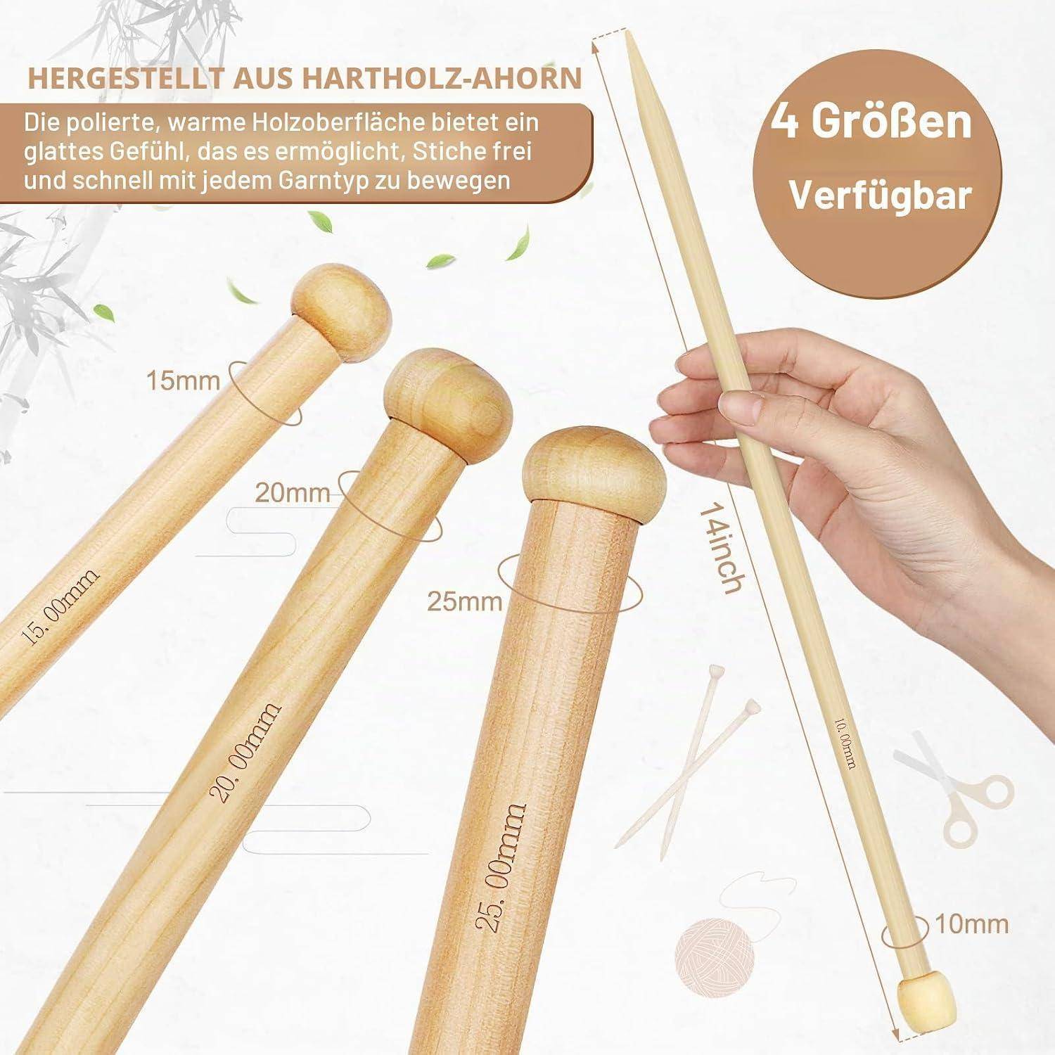 Holzstricknadeln, vier verfügbare Größen erhältlich, glatte Hartahorn-Stricknadeln mit Abmessungen 15 mm, 20 mm, 25 mm und 4 Zoll.