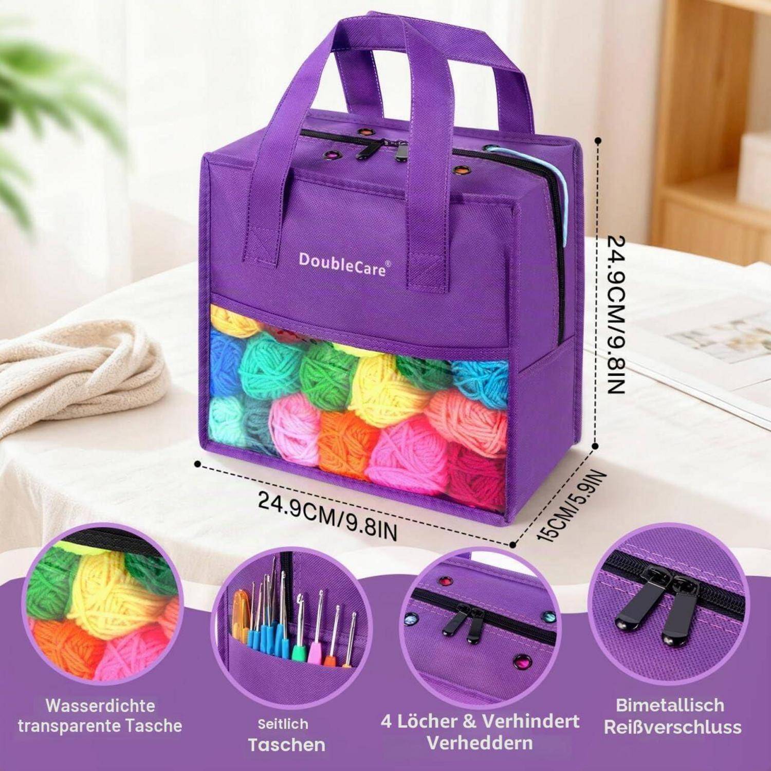 Violette DoubleCare Garn-Tragetasche mit transparenter Vordertasche mit farbenfrohem Garn, Seitentaschen, Reißverschluss oben und Abmessungen von 24,9 x 24,9 x 15 cm.