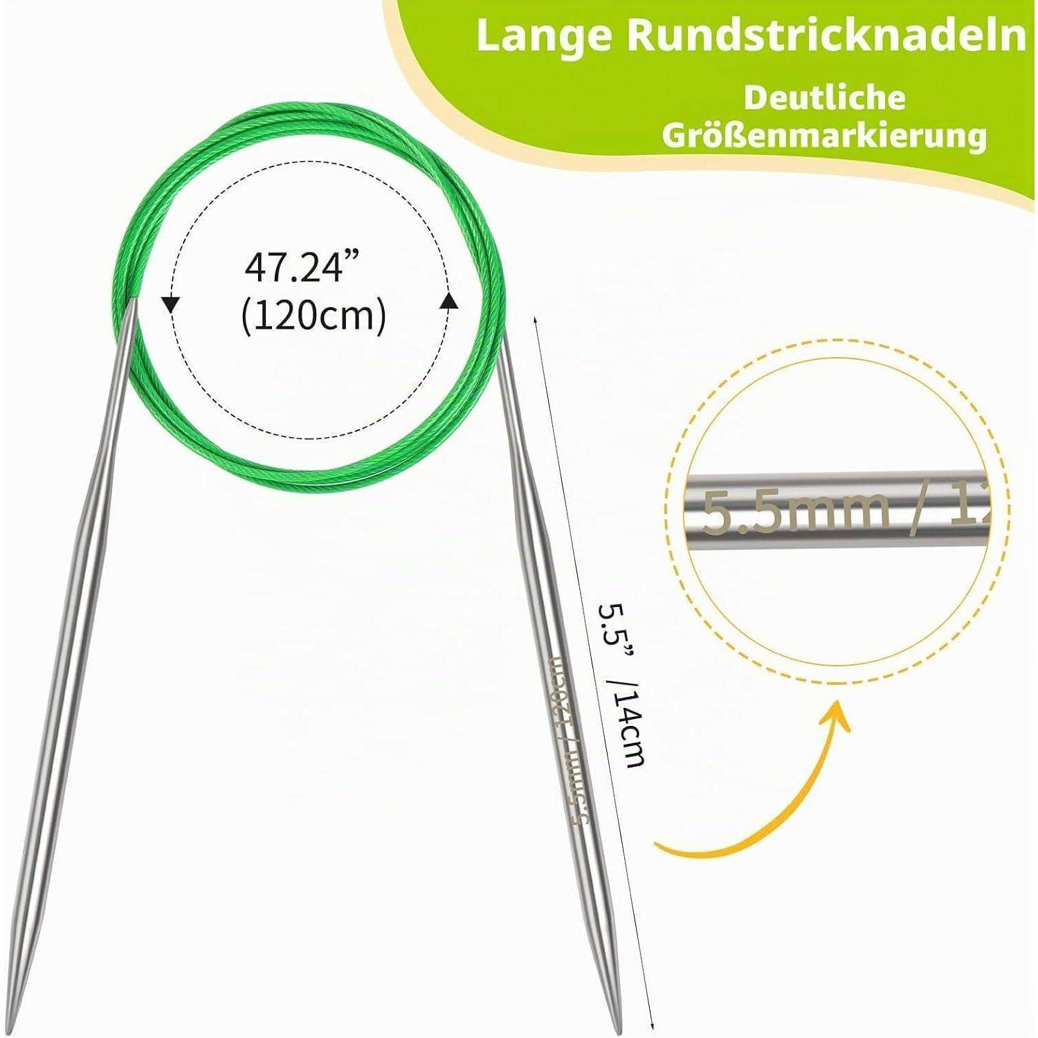 Grüne Rundstricknadel mit 120 cm (47,24 Zoll) Seil und 5,5 mm Spitzen, auf Deutsch gekennzeichnet als lange Rundstricknadel mit klaren Größenmarkierungen.