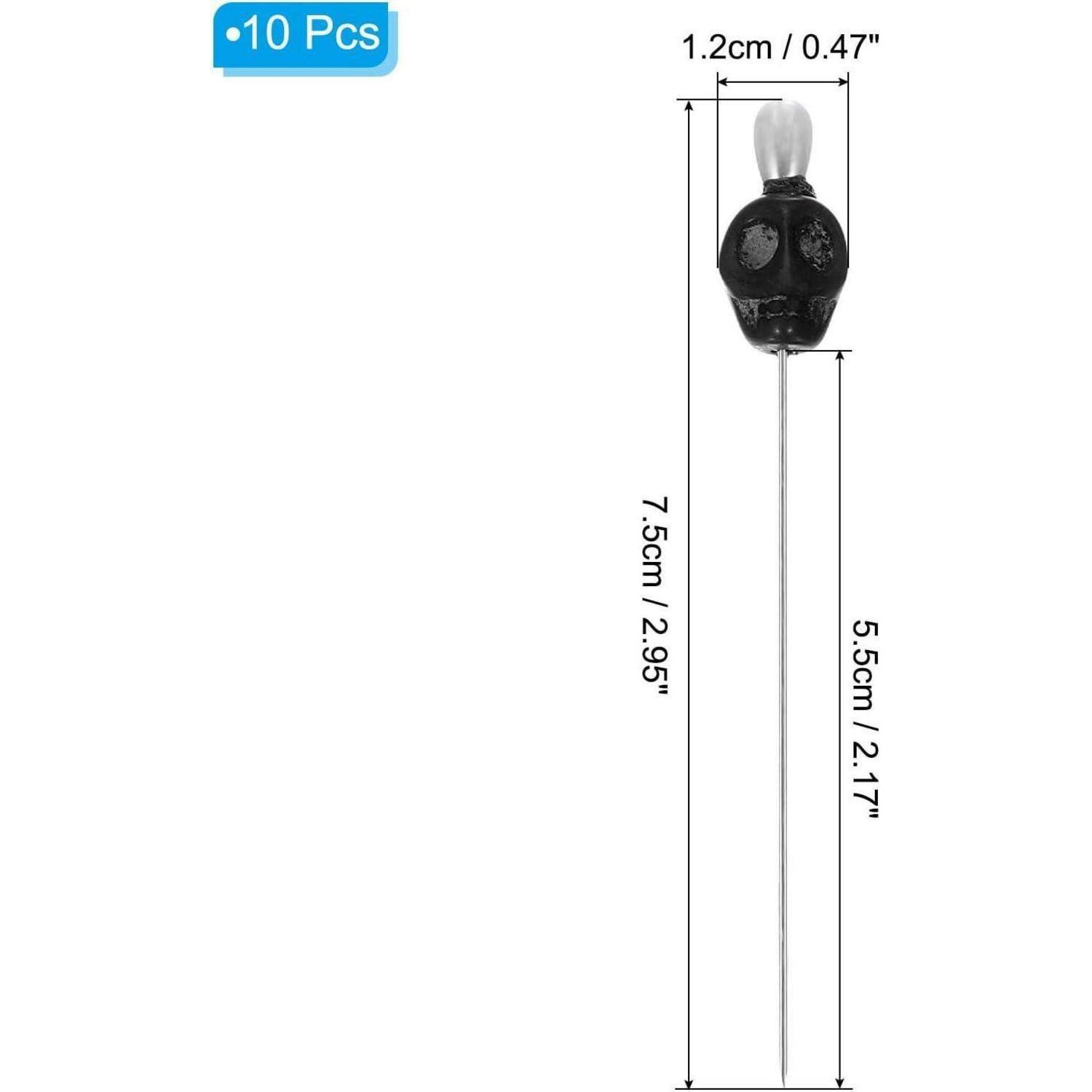Packung mit 10 schwarzen Perlenkopfstecknadeln, 7,5 cm lang und 1,2 cm breit, mit silbernem Metallschaft und beschrifteten Abmessungen.